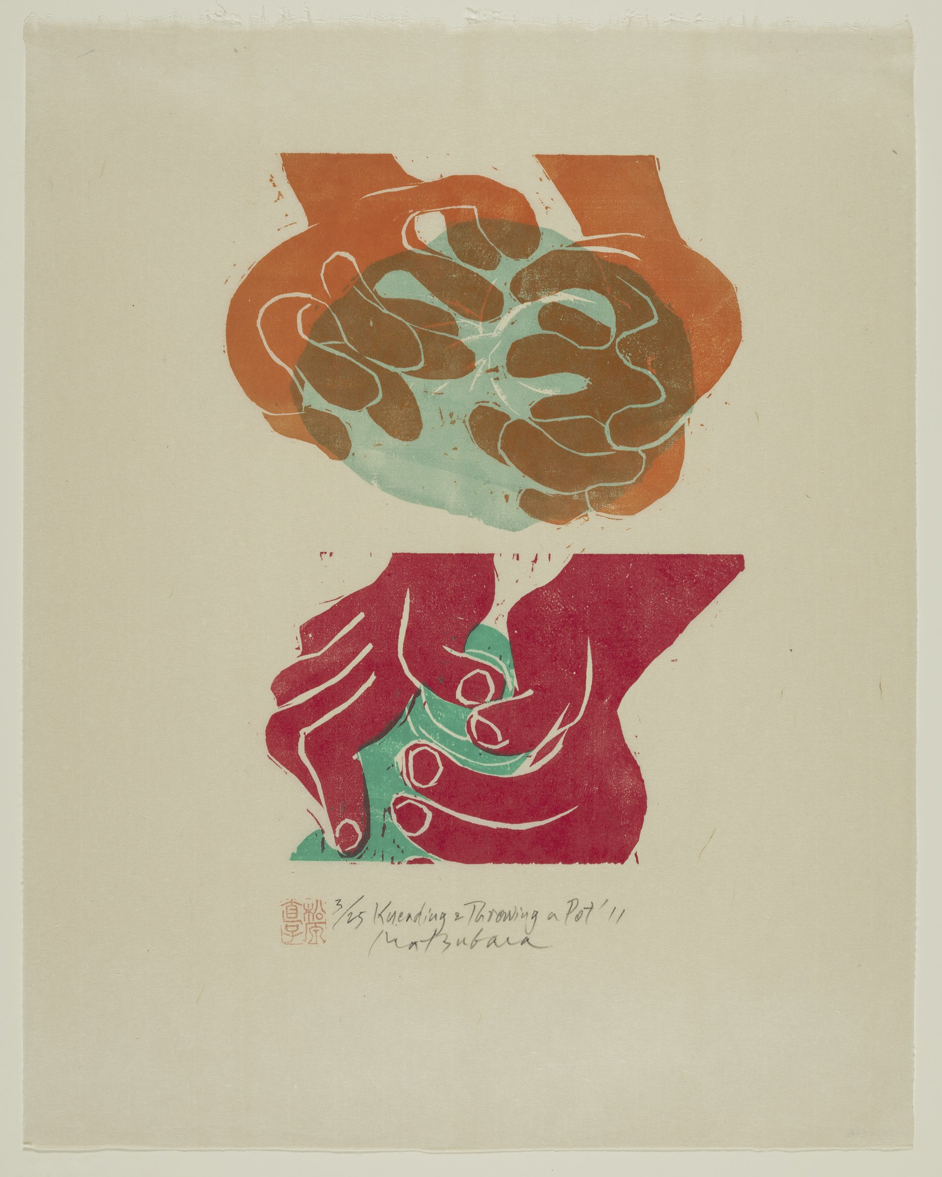 Naoko Matsubara woodcut print: Kneading and Throwing a Pot, 2011