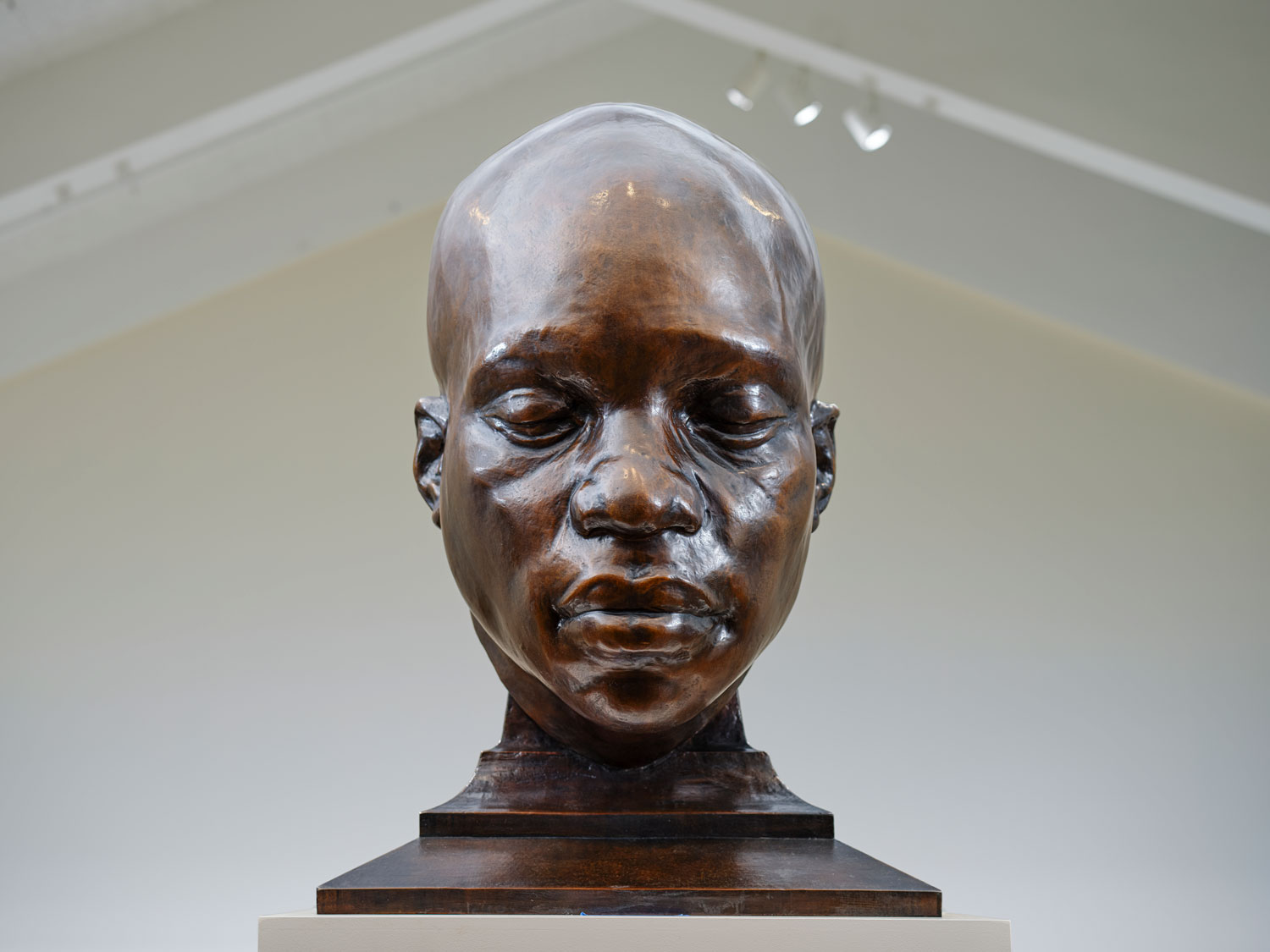 A bronze sculpture of a Black man's face and neck. His eyes are closed.