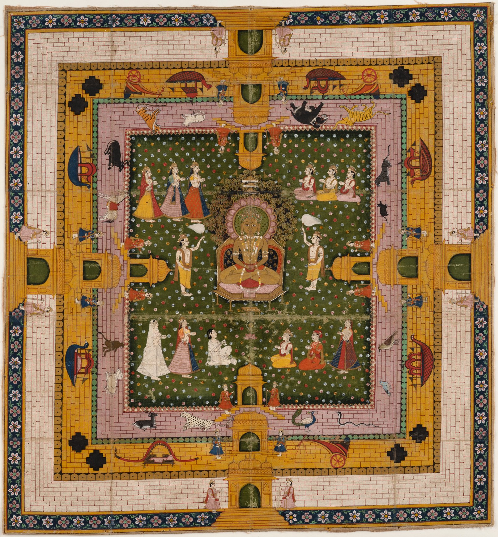 A Jina Enthroned: a painted cloth with a seated Jina at the center of a patterned square border