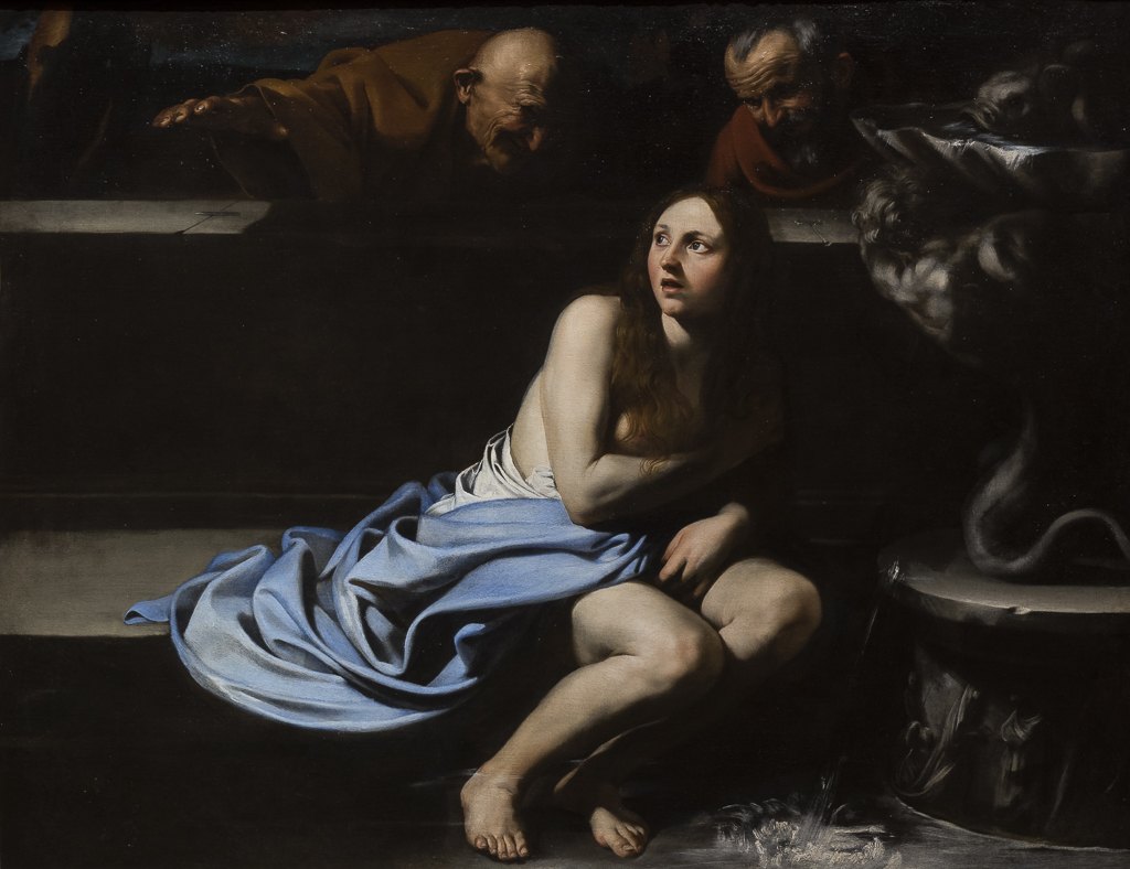 Jusepe De Ribera, Susanna and the Elders: Susanna, partly draped in blue, startled by two older men in the shadows