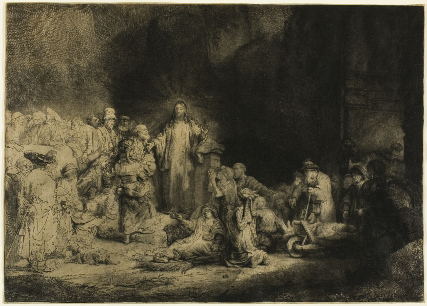 A crowded etched scene: Christ stands at the centre in a pool of light, surrounded by the sick, the poor and the curious, with an archway and deep shadow filling the right half of the plate.