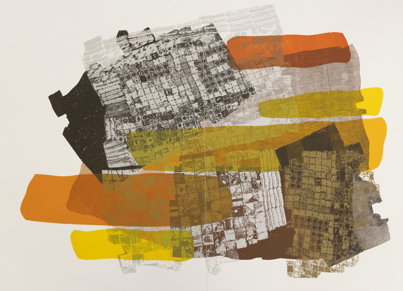 El Anatsui, Untitled, 2025: a color woodcut of overlapping grids and bands in black, orange and yellow