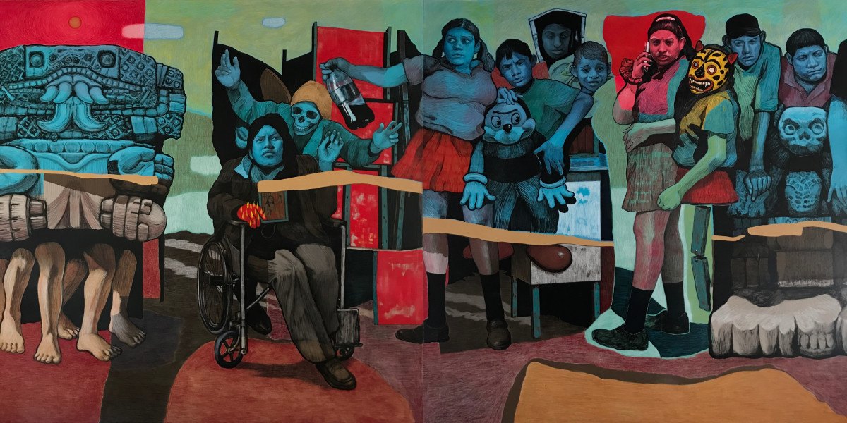Hugo Crosthwaite, La Linea: a crowded scene of figures painted in blues, reds and black