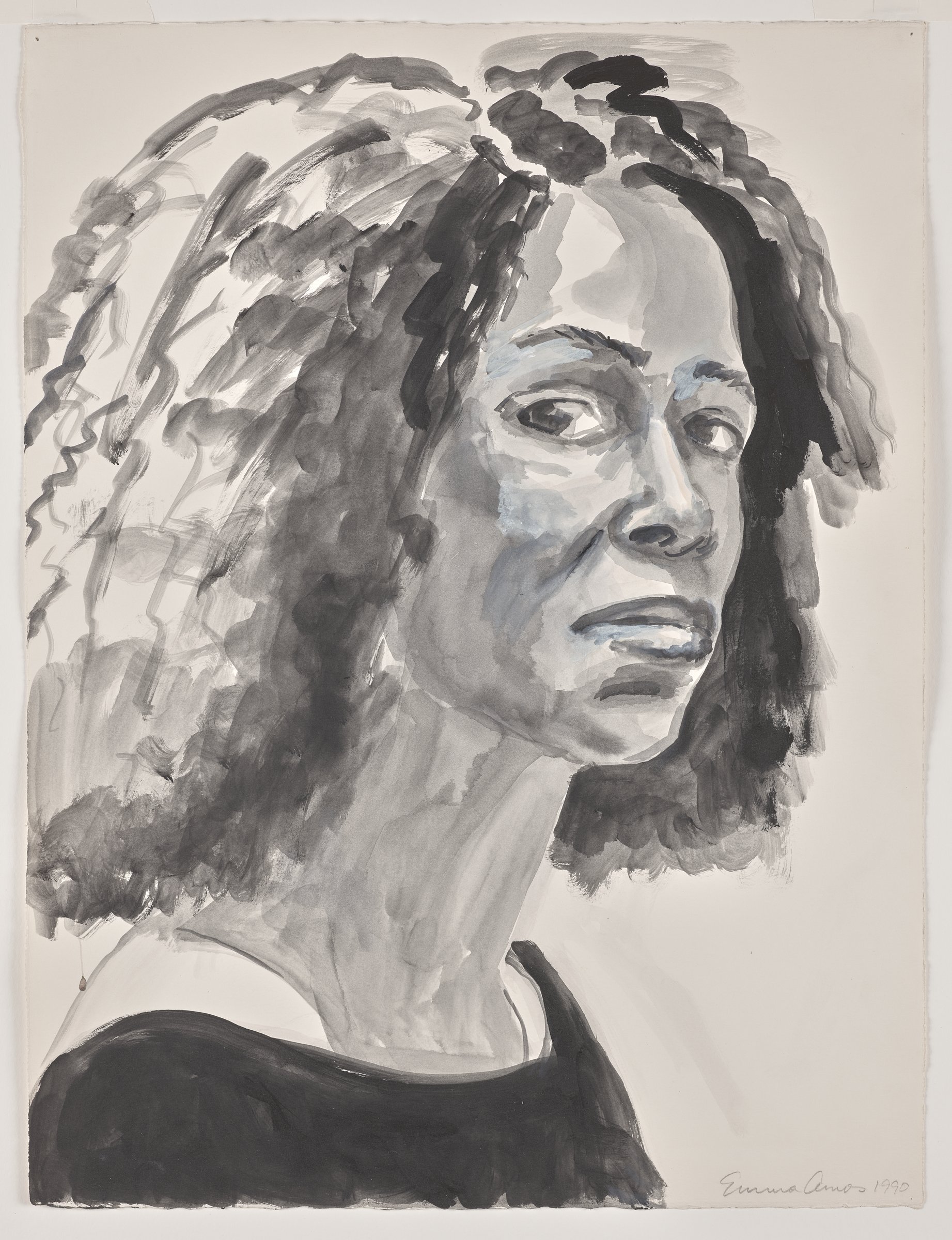 Emma Amos watercolor self-portrait in grey washes with long curly hair