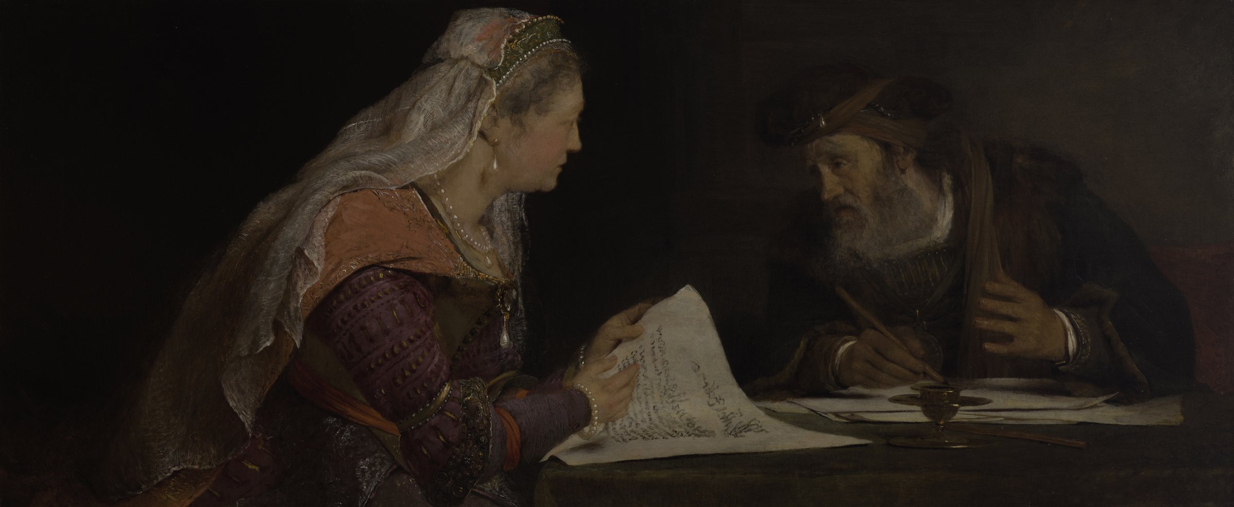 Aert de Gelder painting of Esther and Mordecai bent over a letter in dim light
