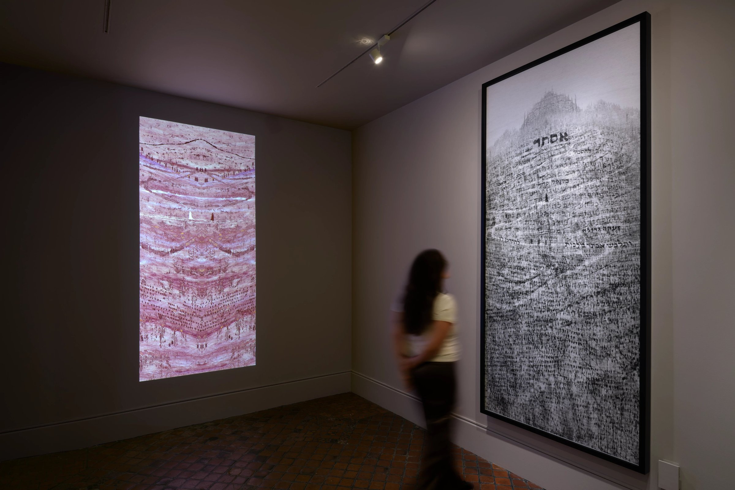 Visitor before two tall Michal Rovner works, a pink video projection and a black-and-white print