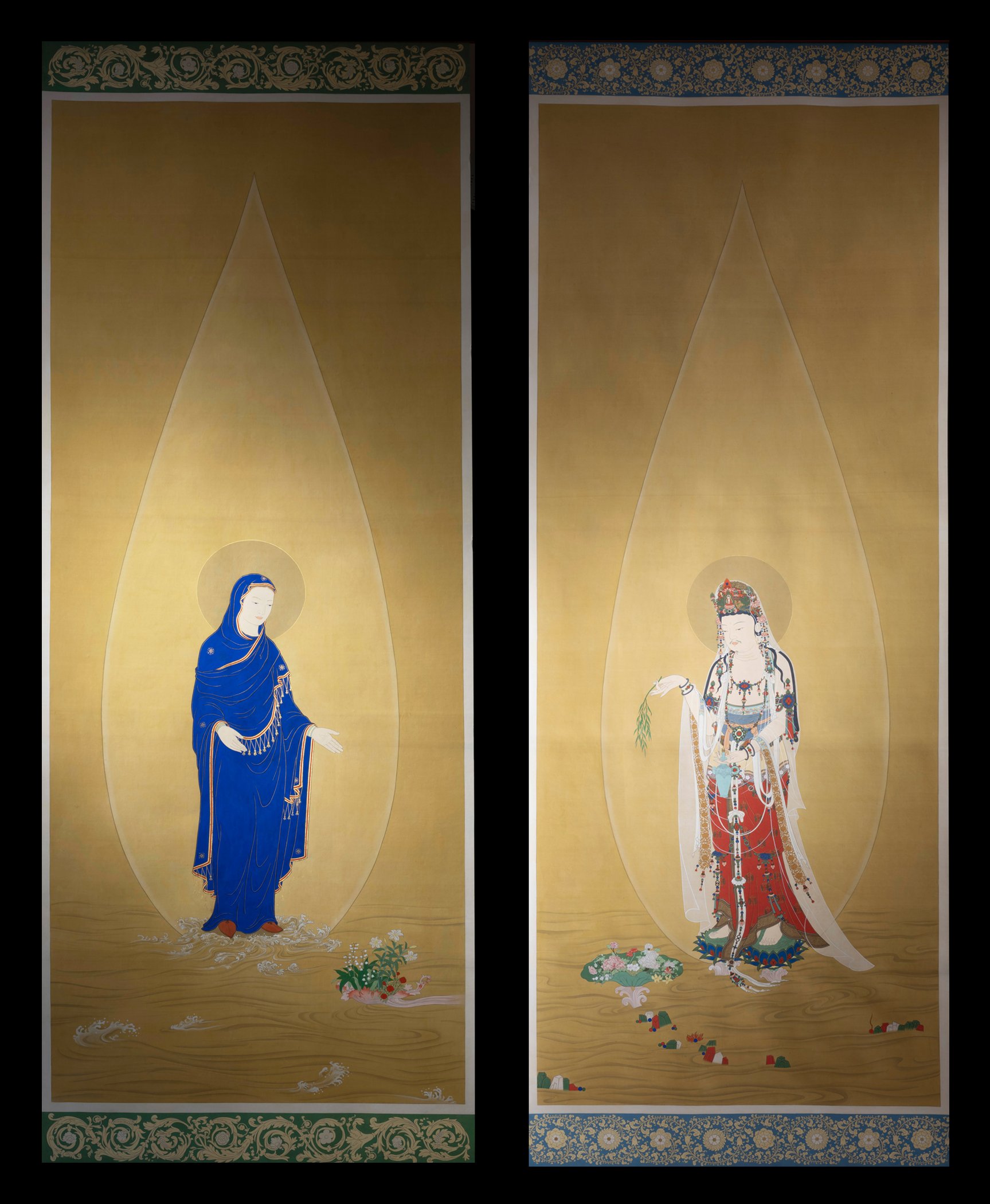 Two tall gold-ground scrolls by Venerable Song Cheon: Mary in blue and Avalokitesvara in white