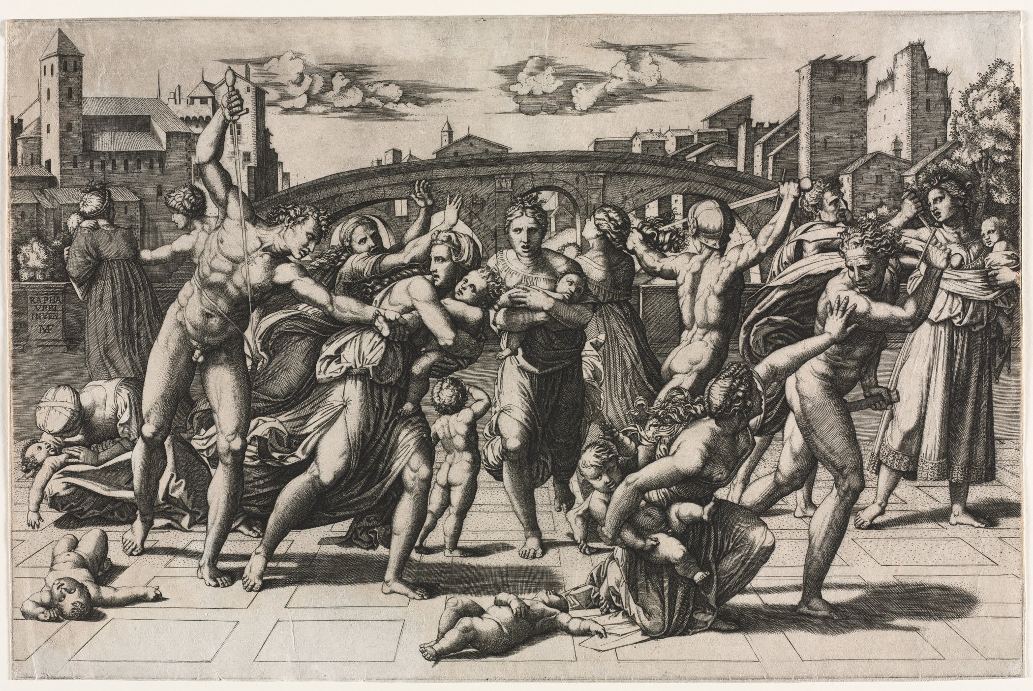 Raimondi engraving after Raphael of soldiers attacking mothers and infants on a city riverbank