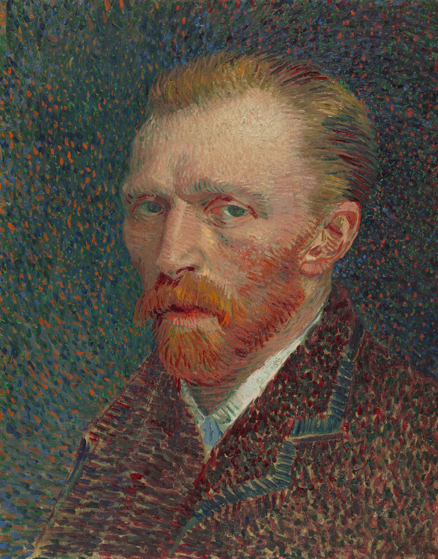 Self-portrait of a red-bearded man in a pale blue jacket, painted in short dashes of complementary colour that radiate outward from the head like a halo.