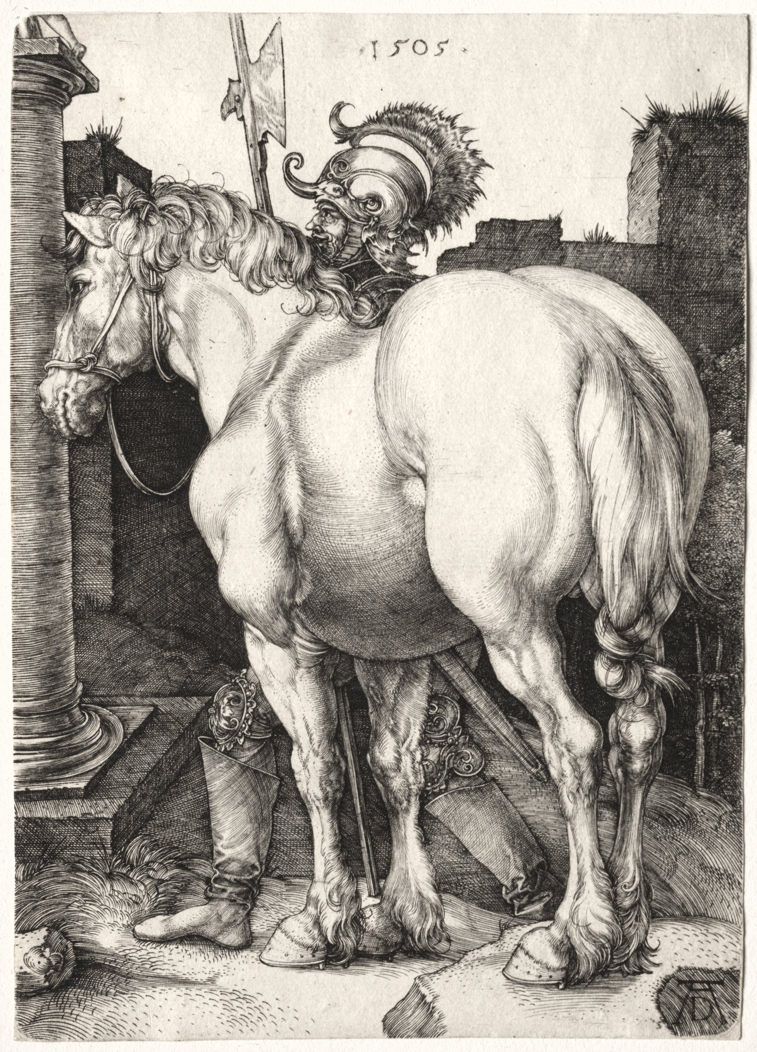 Dürer engraving of a massive horse seen from behind beside an armored soldier in an archway