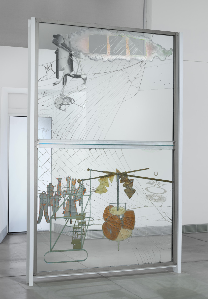 Marcel Duchamp, The Large Glass: two tall cracked glass panels in a metal frame, with painted and lead-foil forms