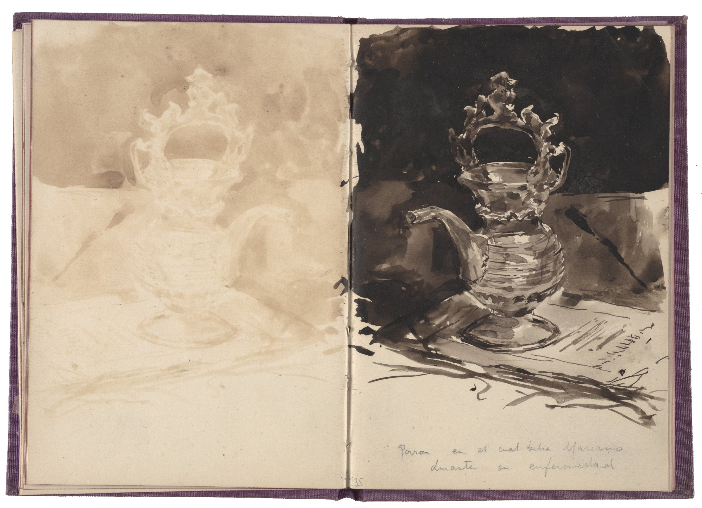 Ricardo de Madrazo, Rome sketchbook open to a wash drawing of a porrón used by Mariano Fortuny