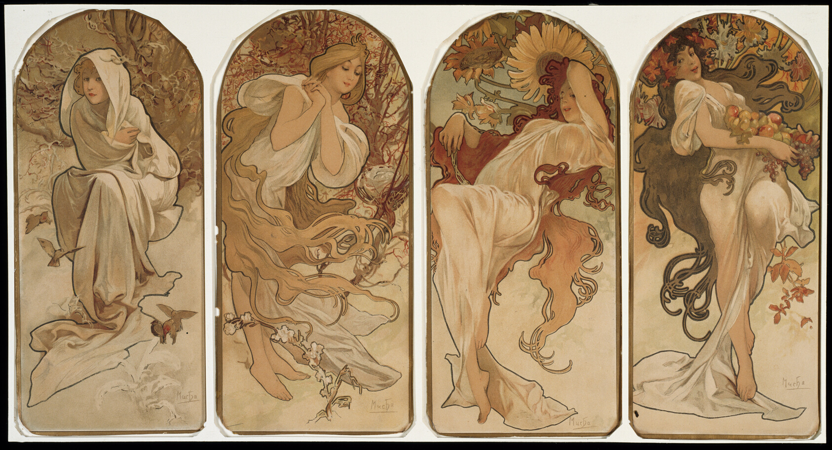 A decorative lithographed panel of four elegant women in flowing robes, each set in an arched frame of stylised flowers and foliage representing a season.