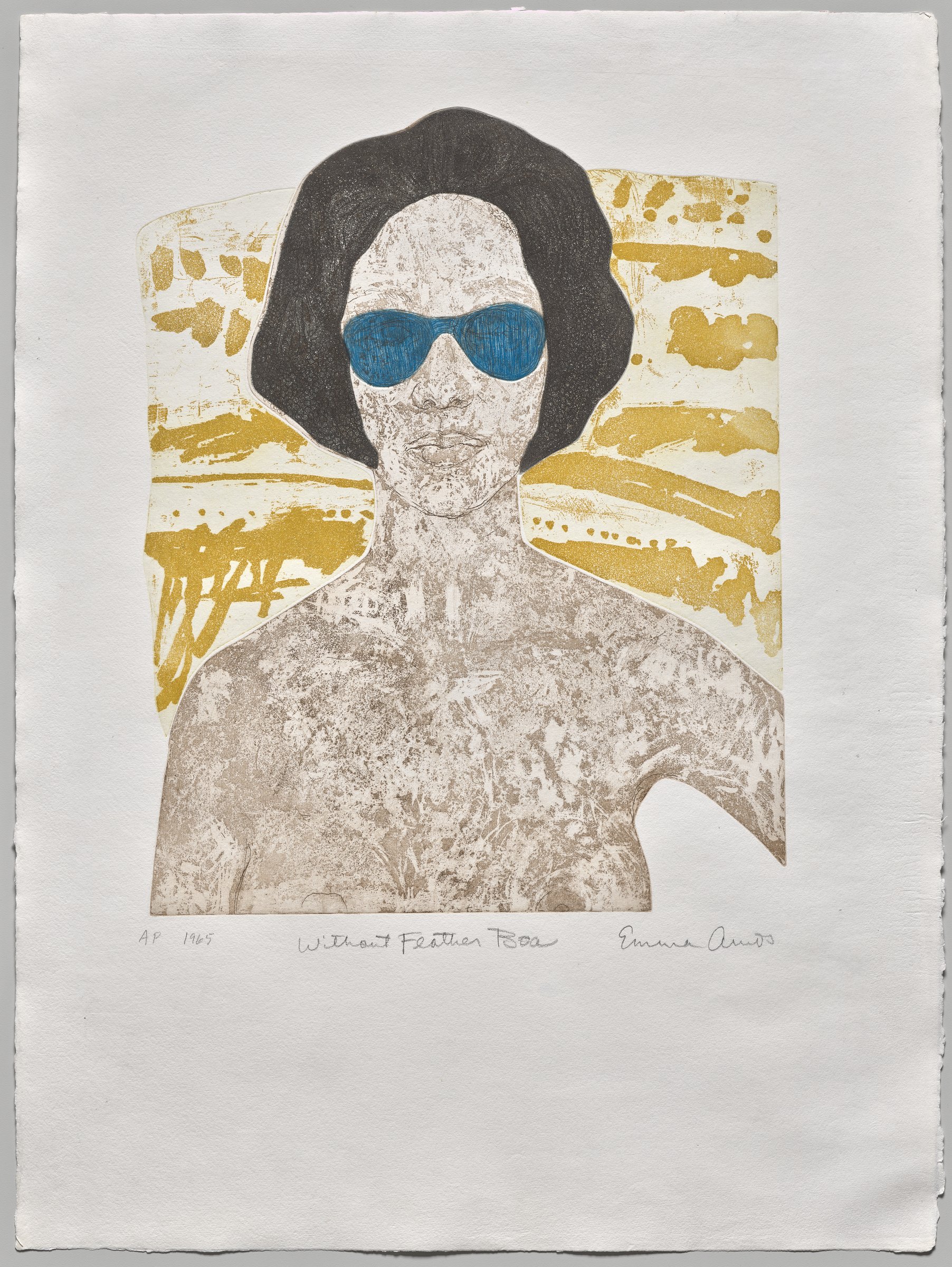 Emma Amos color etching of a figure in blue sunglasses against a gold patterned ground