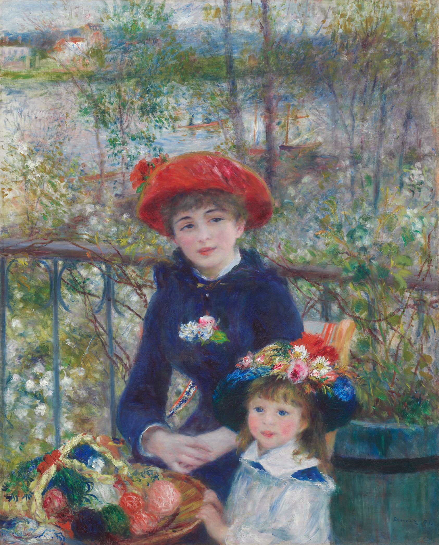 A young woman in a dark blue dress and red bonnet sits on a terrace with a little girl beside her; a basket of coloured wool rests on the railing and a blurred green riverbank fills the background.