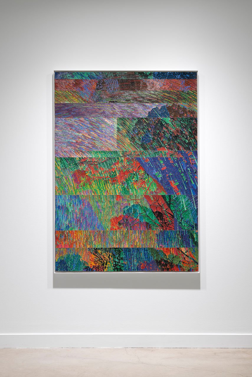 Emily Hermant’s Farther From, a canvas covered in multicoloured stripped cables