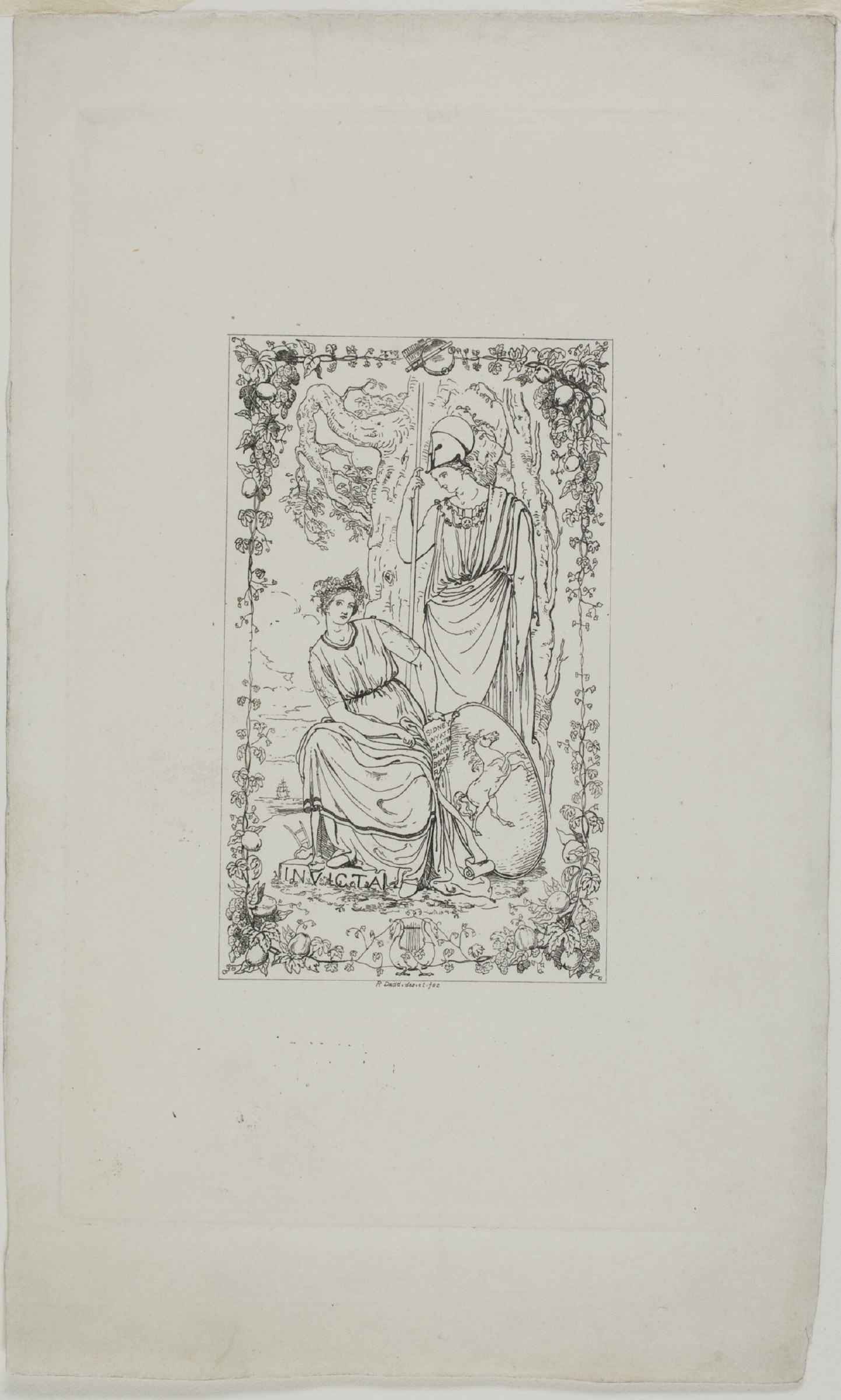 A small monochrome print, laid on a large blank sheet, of an allegorical seated female figure within a decorative rectangular frame.