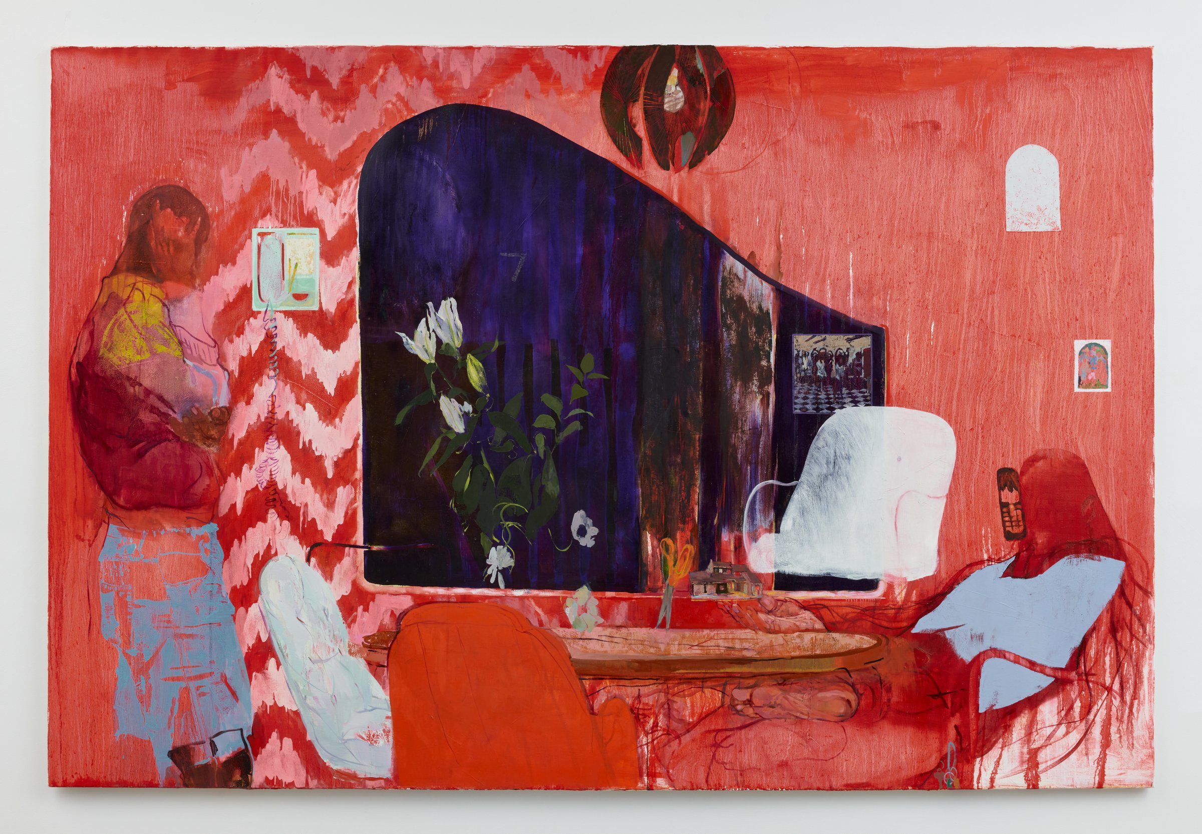 Jennifer Packer painting in reds of figures at a table beside a dark window with flowers