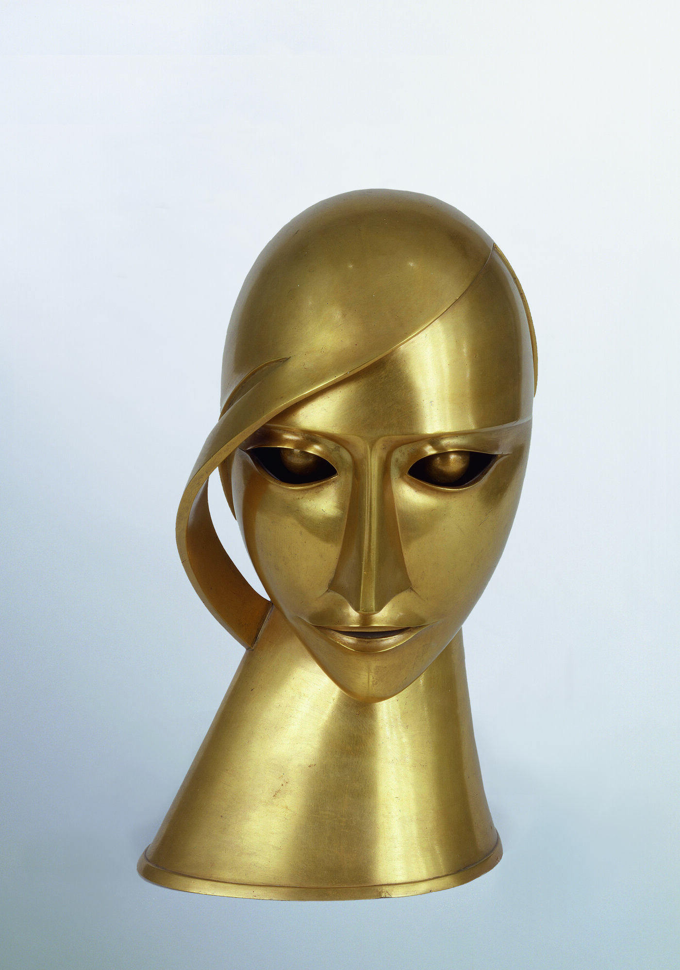 Rudolf Belling, Head in Brass, 1925 — polished brass sculpture of a stylized human head, from the Frihedens Fald exhibition