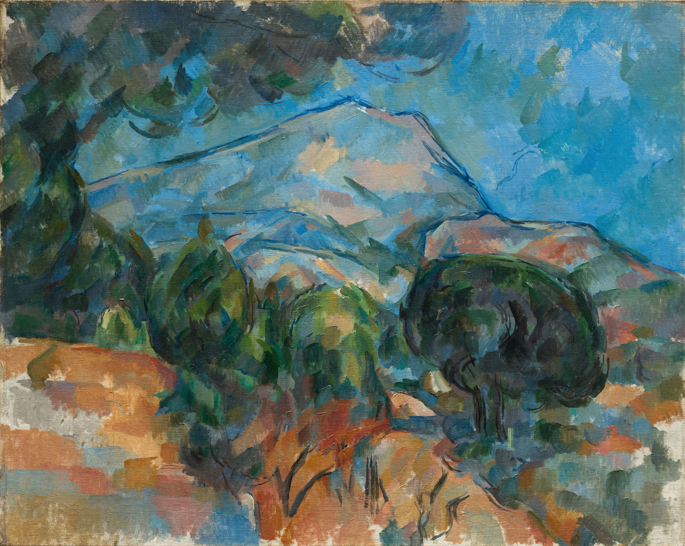 Mont Sainte-Victoire rendered in overlapping patches of green, ochre and blue, the mountain a pale wedge above a mosaic of fields and trees.