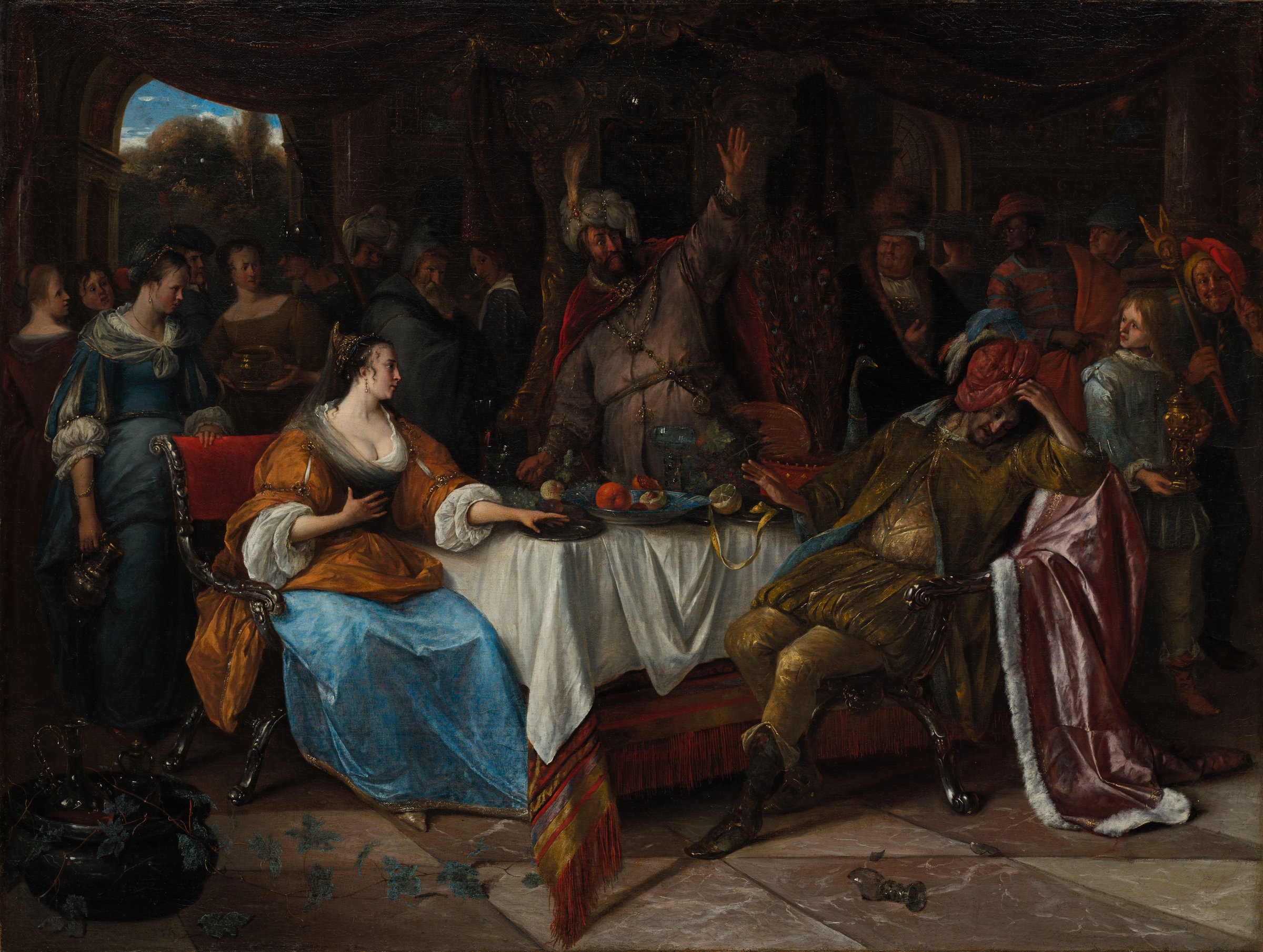 Jan Steen painting of Esther, Ahasuerus and Haman at a crowded feast