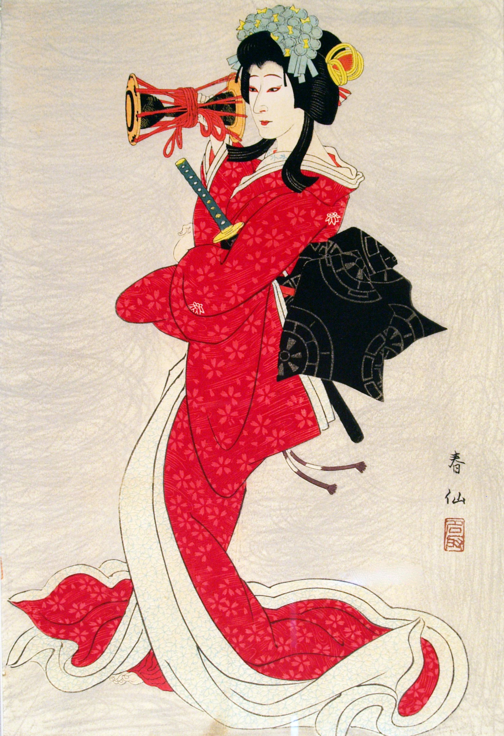 Natori Shunsen, Bando Sucho as Shizhua: a kabuki actor in a red kimono