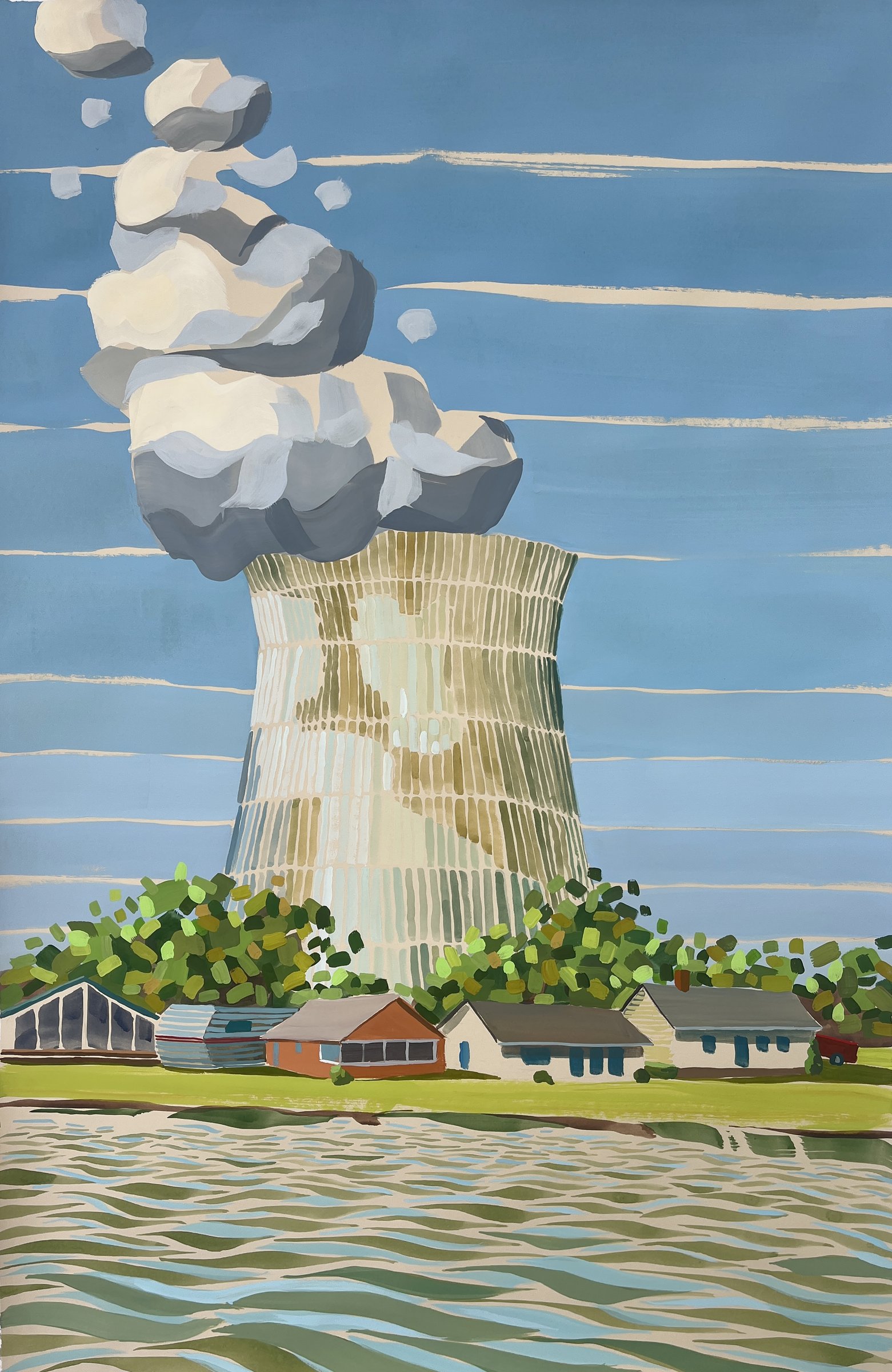 Gouache of a nuclear cooling tower with stacked white clouds above a lakeside town