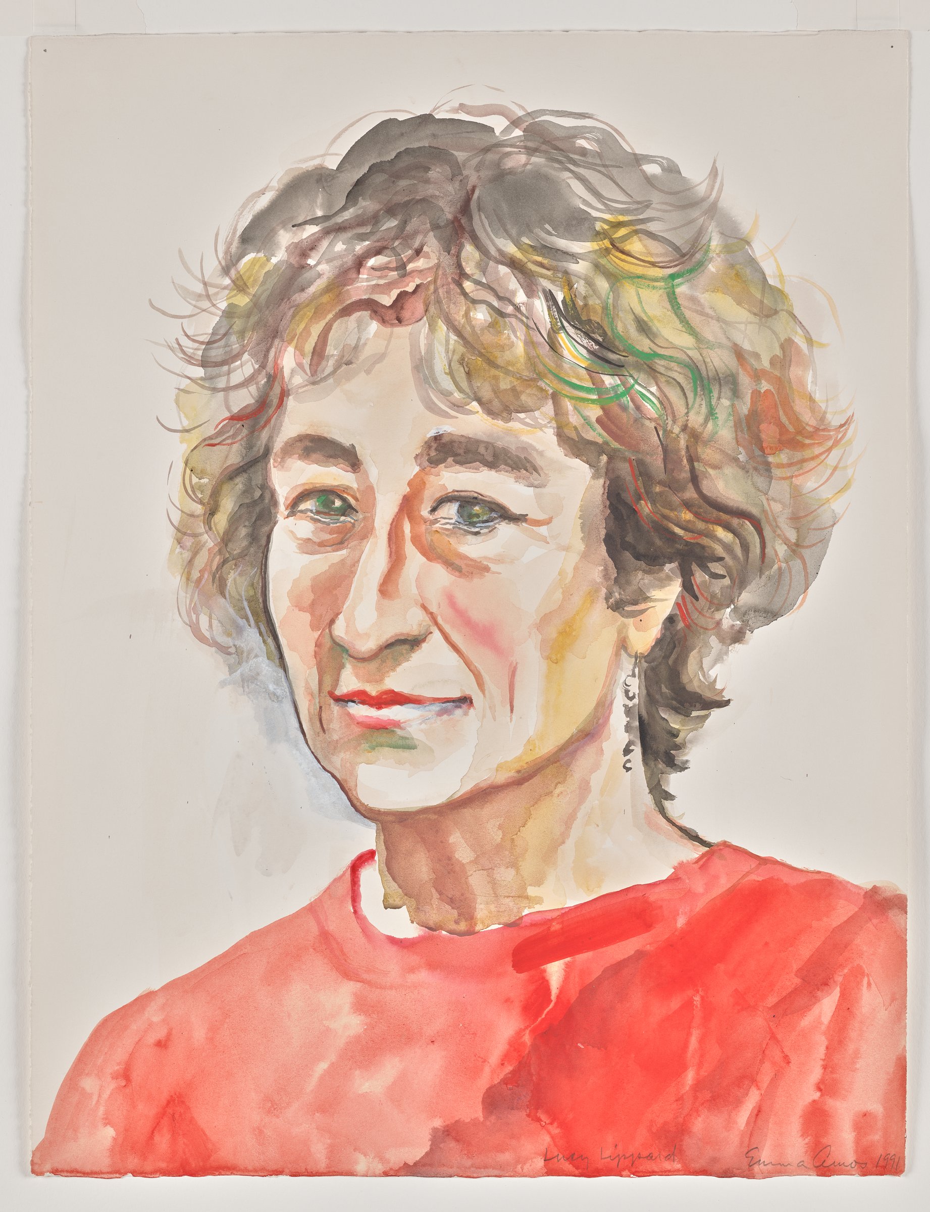 Emma Amos watercolor portrait of Lucy Lippard with short curly hair in a red top