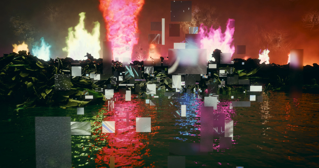 Video still of an urban/natural apocalyptic landscape at night with multicolored fire tornadoes swirling skyward, their colors reflected off the surface of a dark river in the foreground.