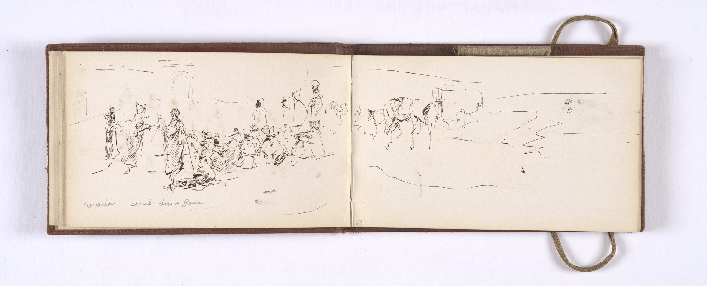 Ricardo de Madrazo, Tangier sketchbook open to a pen drawing of a troubadour in the Barra souk