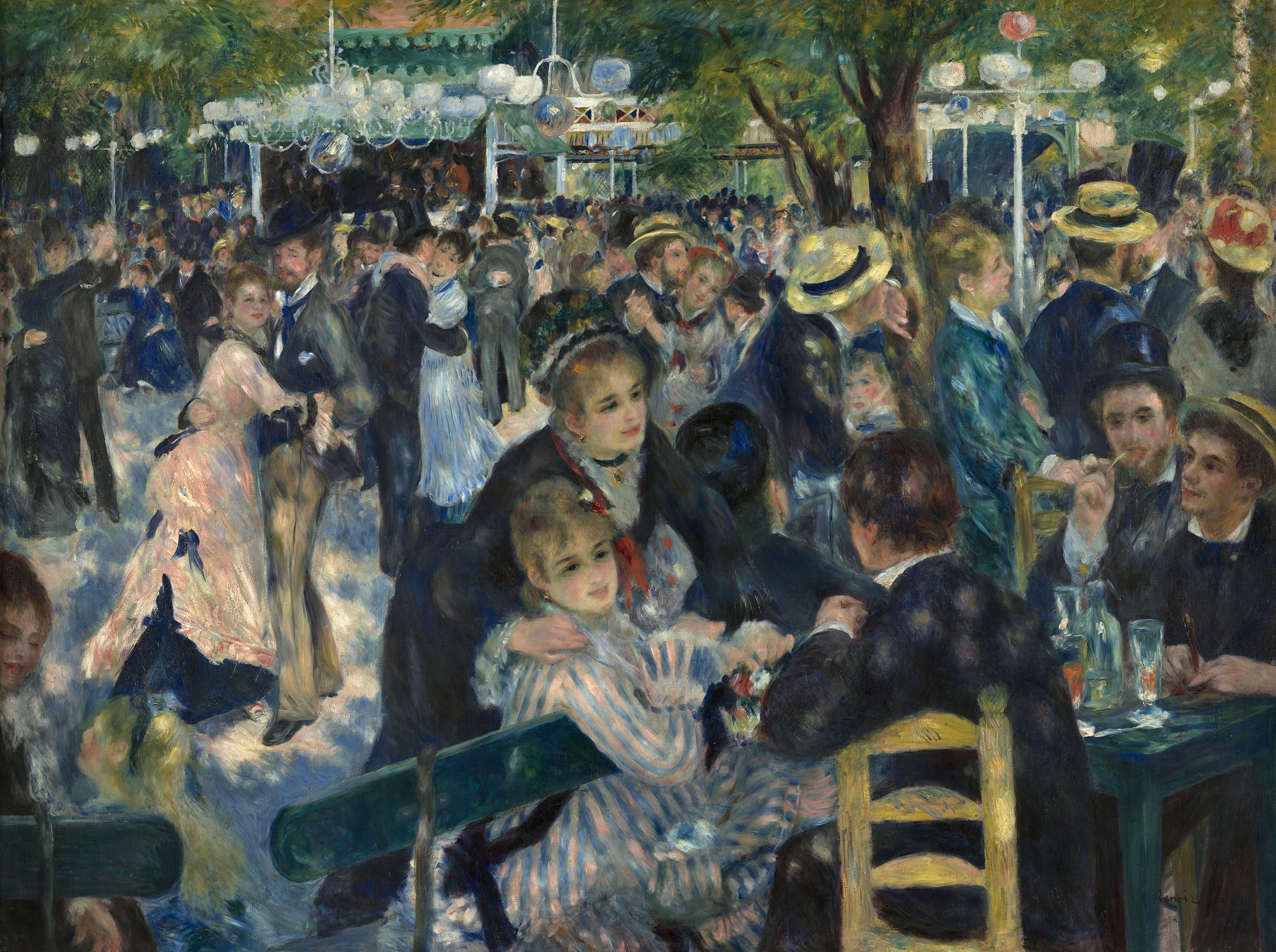 Pierre-Auguste Renoir, Dance at the Moulin de la Galette, 1876, crowds dancing under trees in dappled light