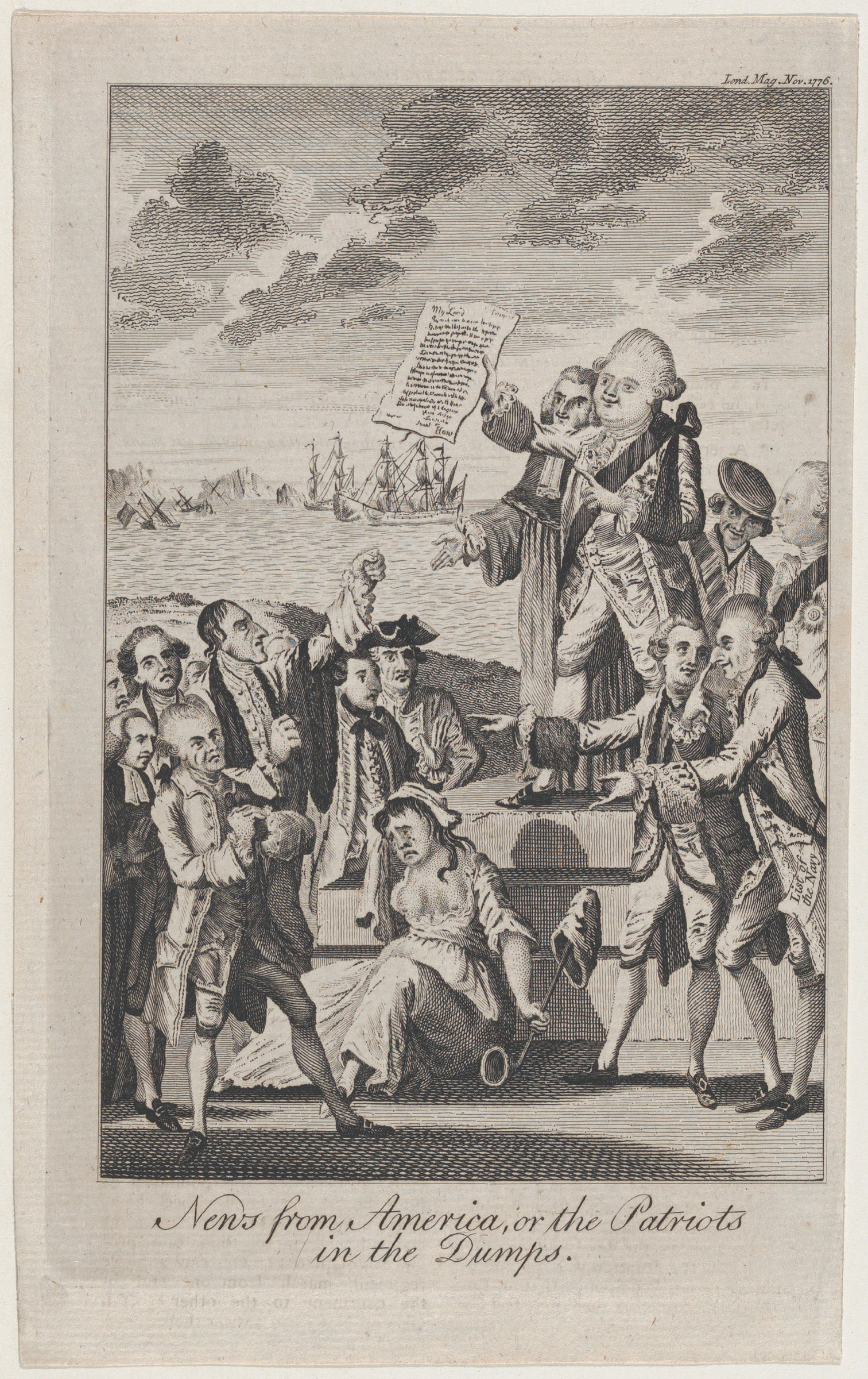 A 1776 satirical engraving of a crowd on a shoreline: one figure holds up a newssheet while the others slump, argue and clutch their heads, with a ship at anchor behind them.