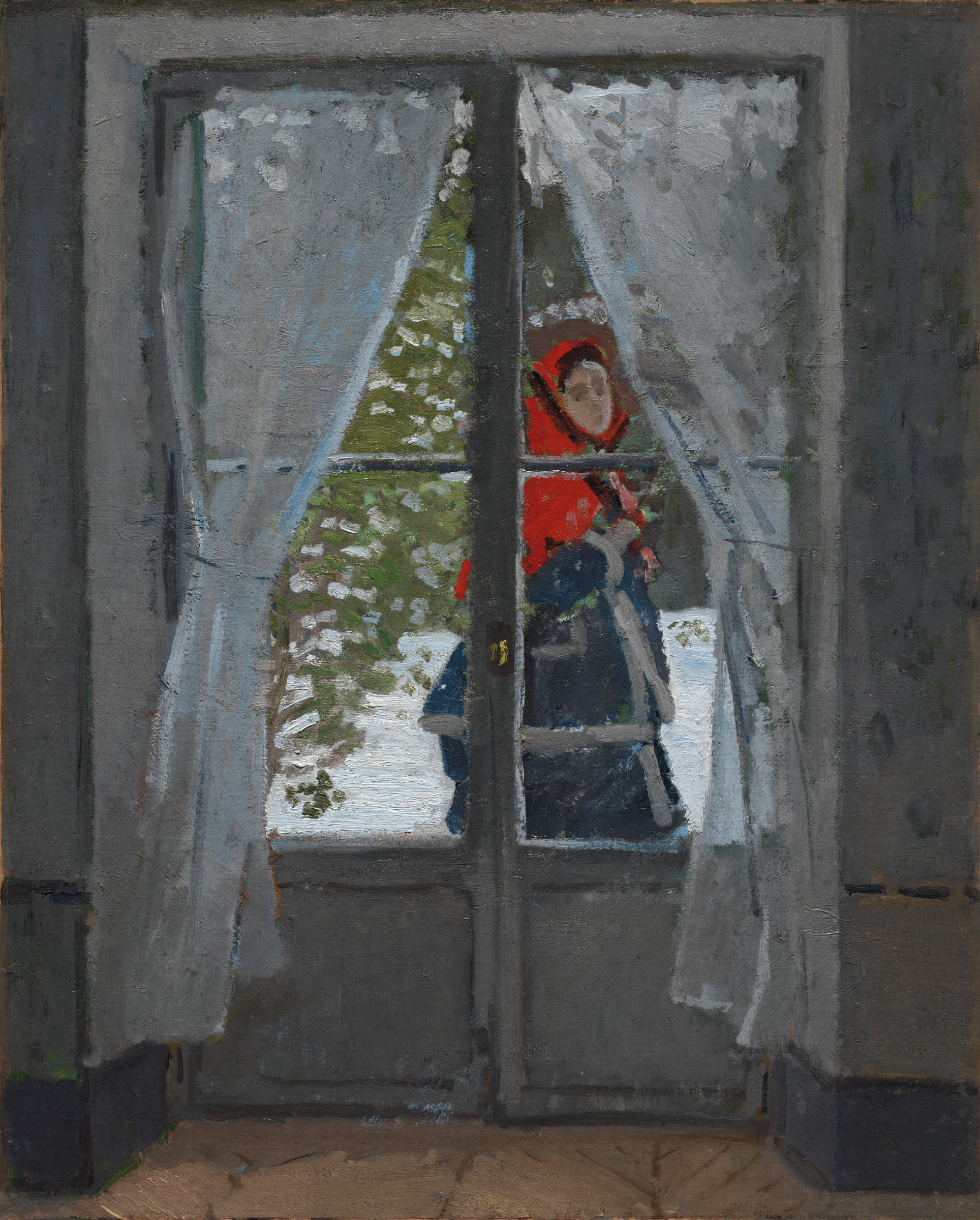 Seen through a set of glazed French doors, a woman in a red hooded cape pauses outside in the snow and glances back into the warm interior.