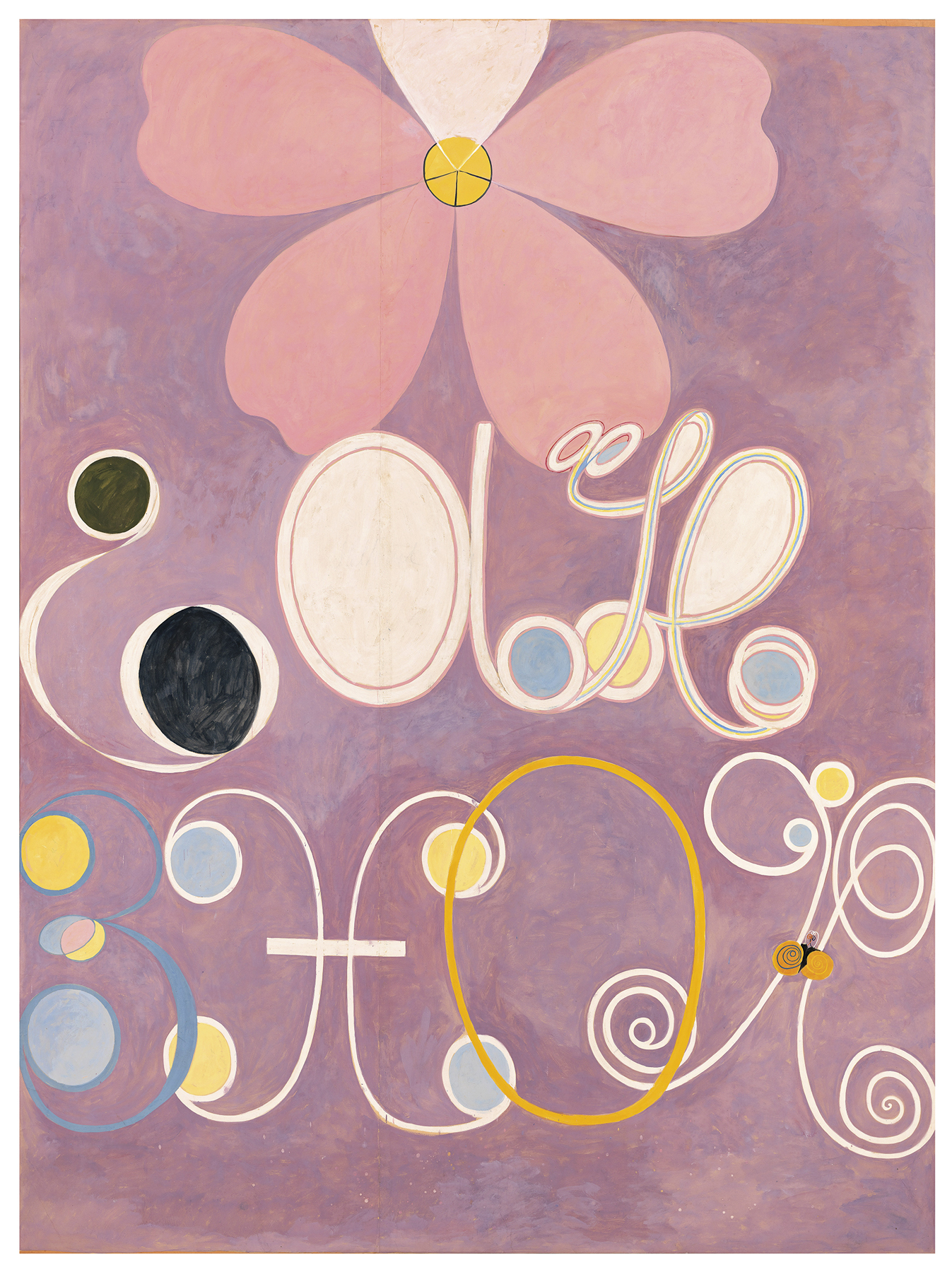 A very large abstract tempera on paper: a dusty pink ground with a big pale pink flower head at the top, below which loop white and yellow spirals, rings and letter-like curling forms.