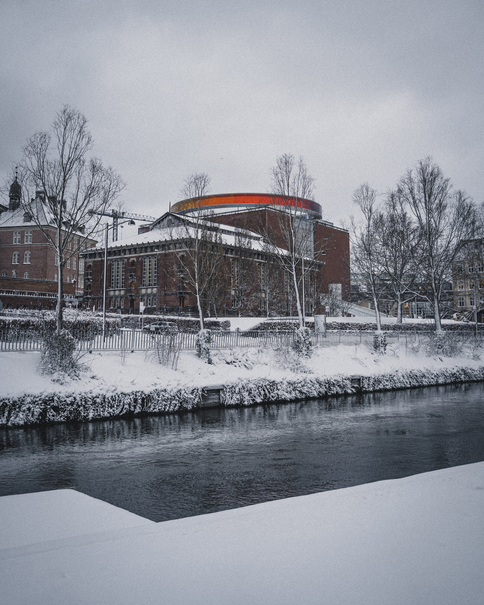 ARoS Aarhus Kunstmuseum and the Aarhus river canal in snow
