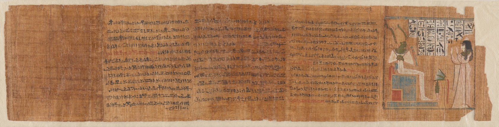 A long section of funerary papyrus with dense columns of cursive hieroglyphic text across most of its length, ending at the right in a painted vignette of figures facing an enthroned deity.