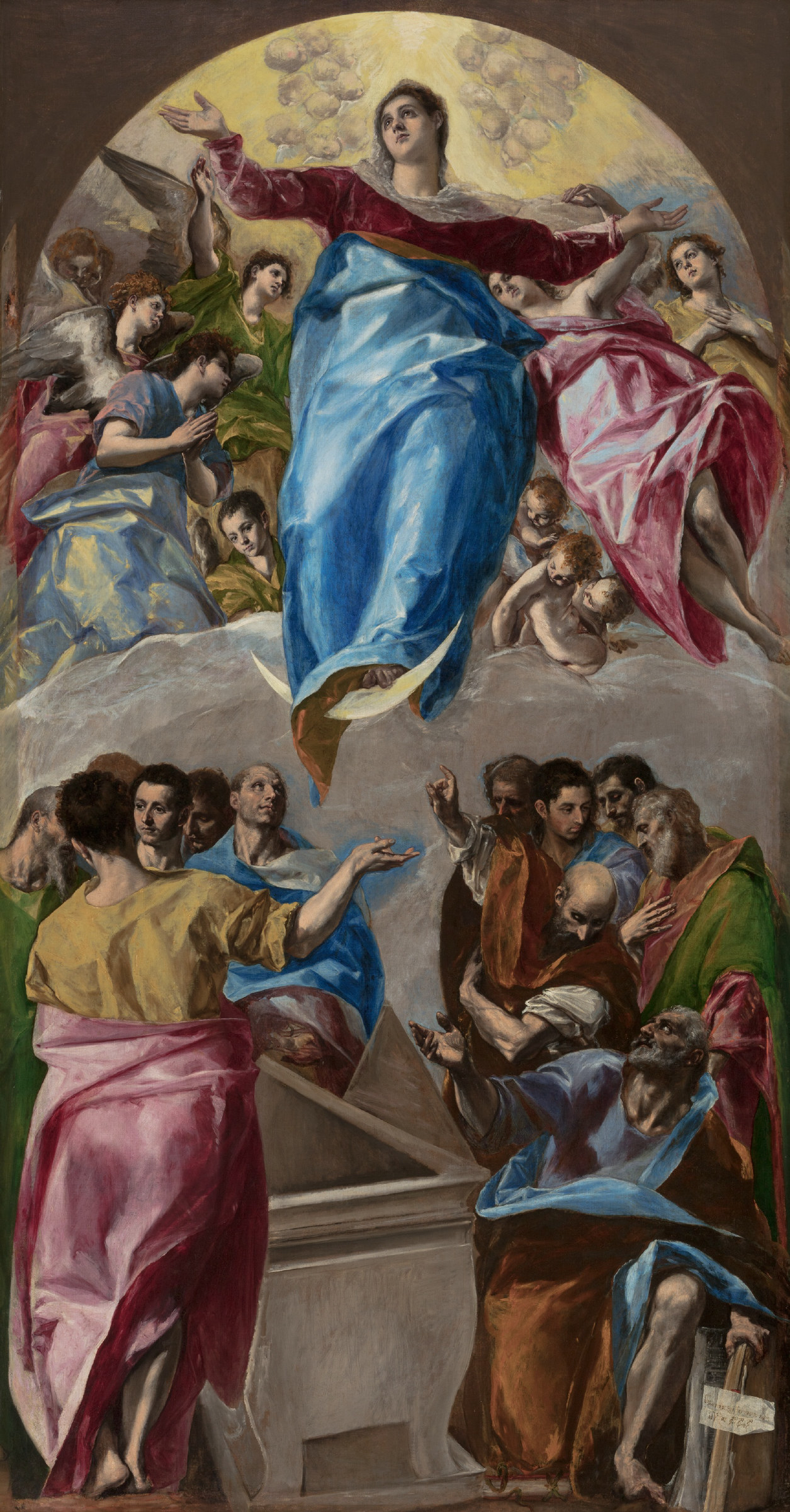 An elongated altarpiece of the Virgin rising into a swirl of cloud and angels, the apostles gesturing upward around the empty tomb below, painted in acid greens and blues.