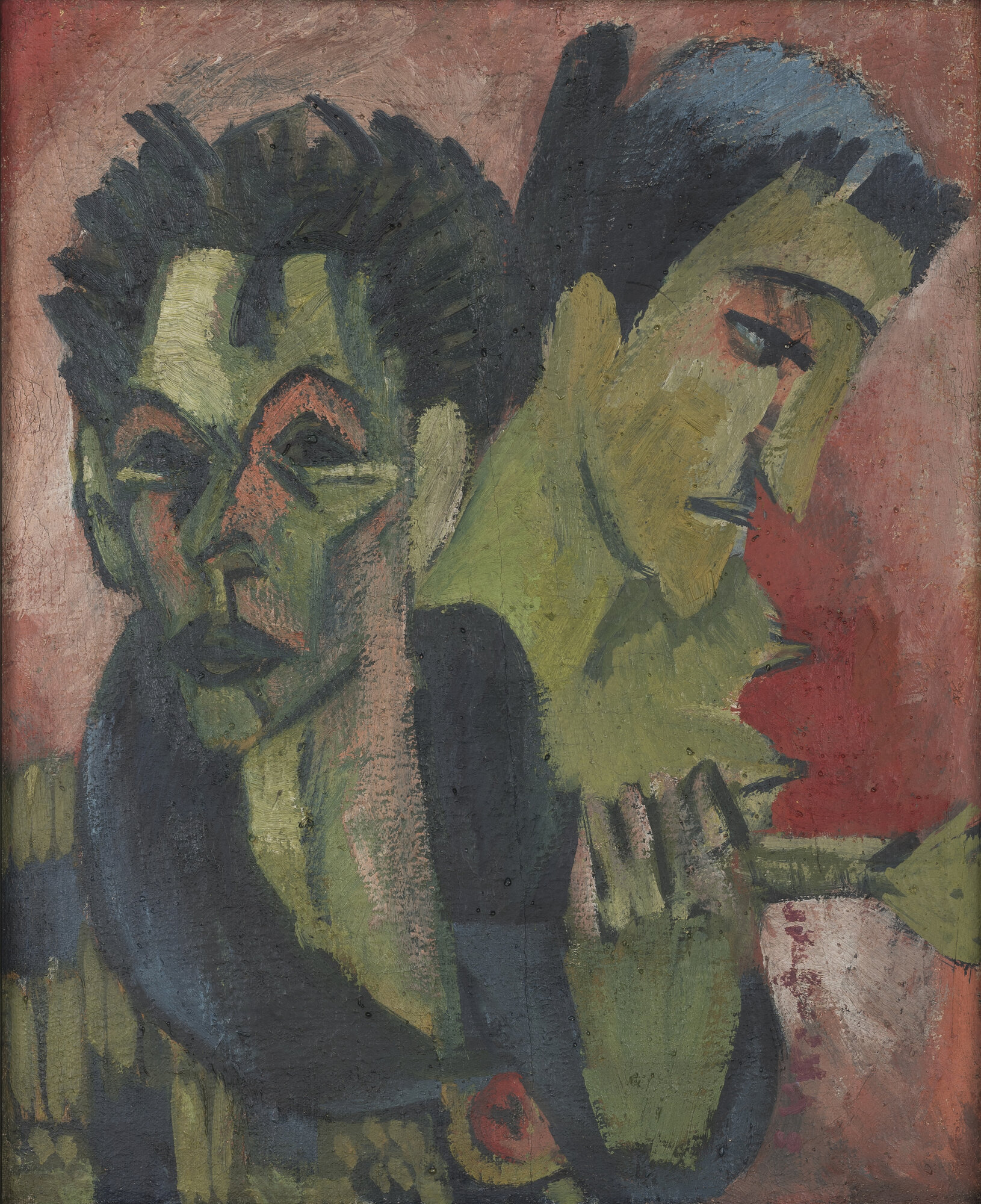 Ernst Ludwig Kirchner, Self Portrait with a Girl, 1914–1915 — expressionist double portrait in green and red tones, from the Frihedens Fald exhibition