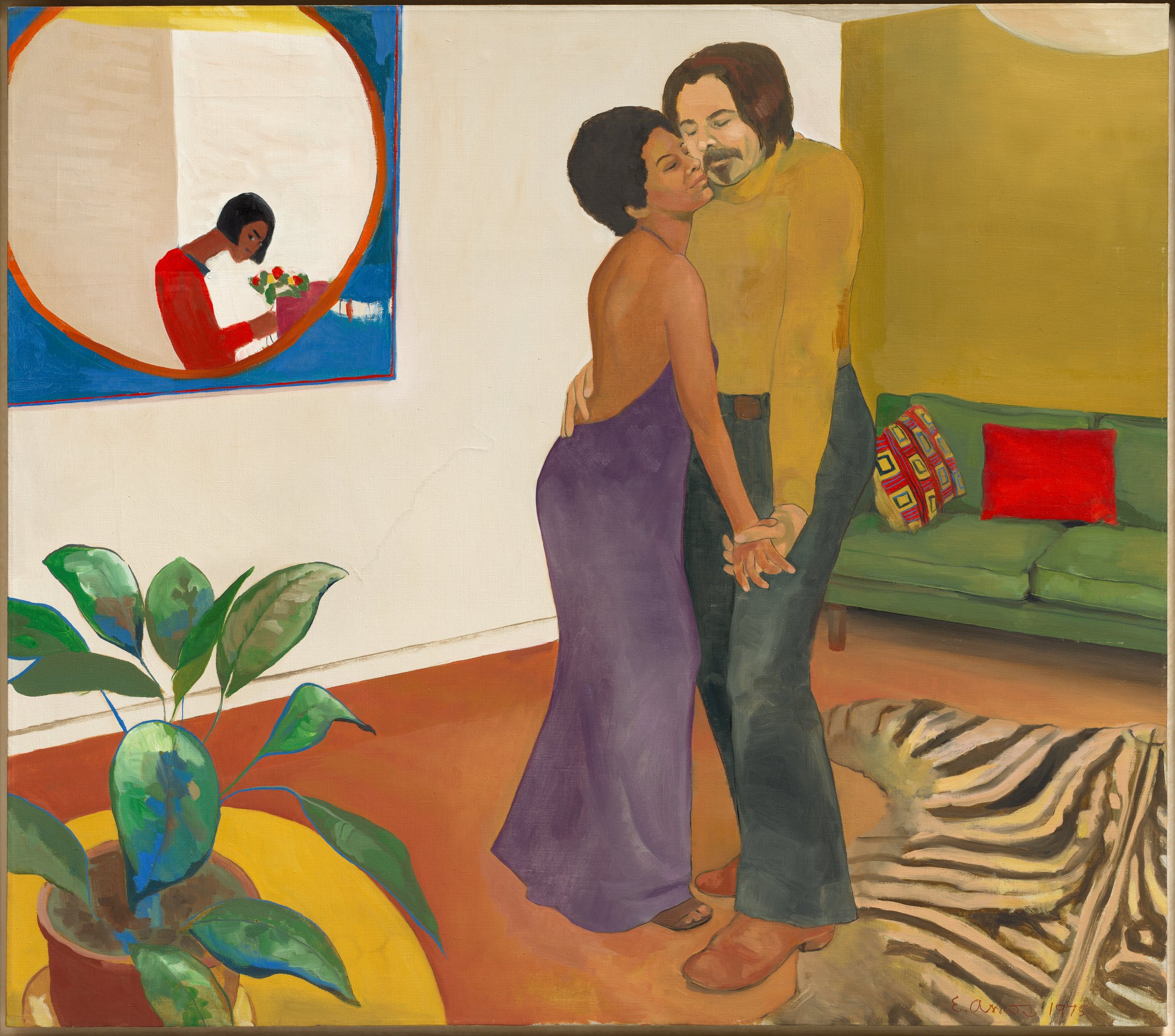 Emma Amos painting of a couple embracing in a 1970s living room with a zebra rug and plants