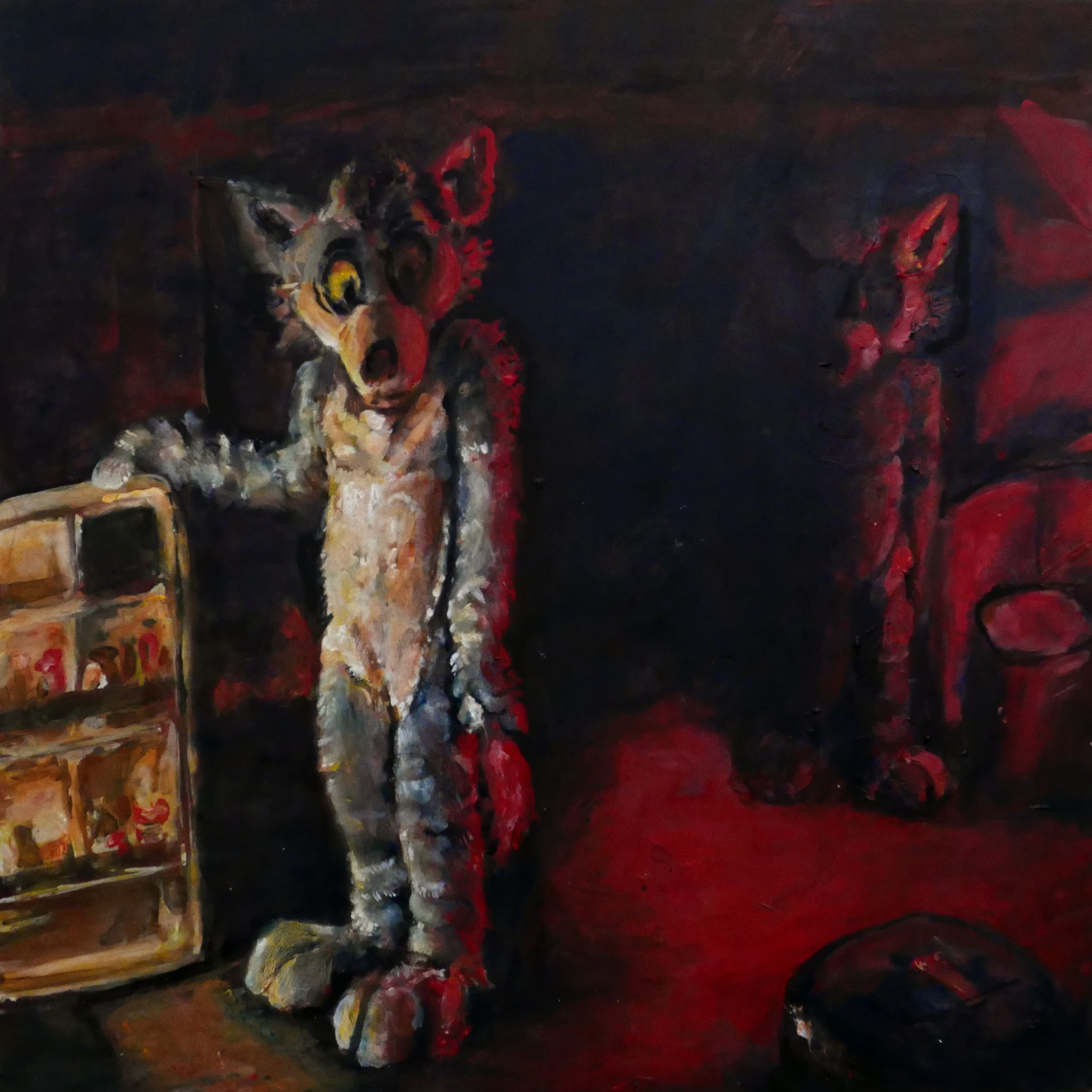Painting of a figure in a wolf costume standing by an open refrigerator in a dark red room