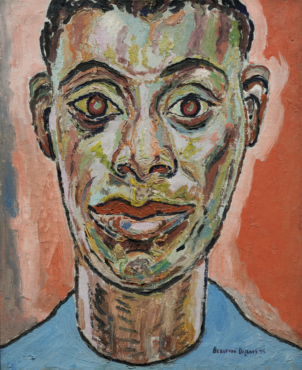 Beauford Delaney, Portrait of James Baldwin: a head-and-shoulders portrait in thick strokes of ochre, green and red against an orange-red ground
