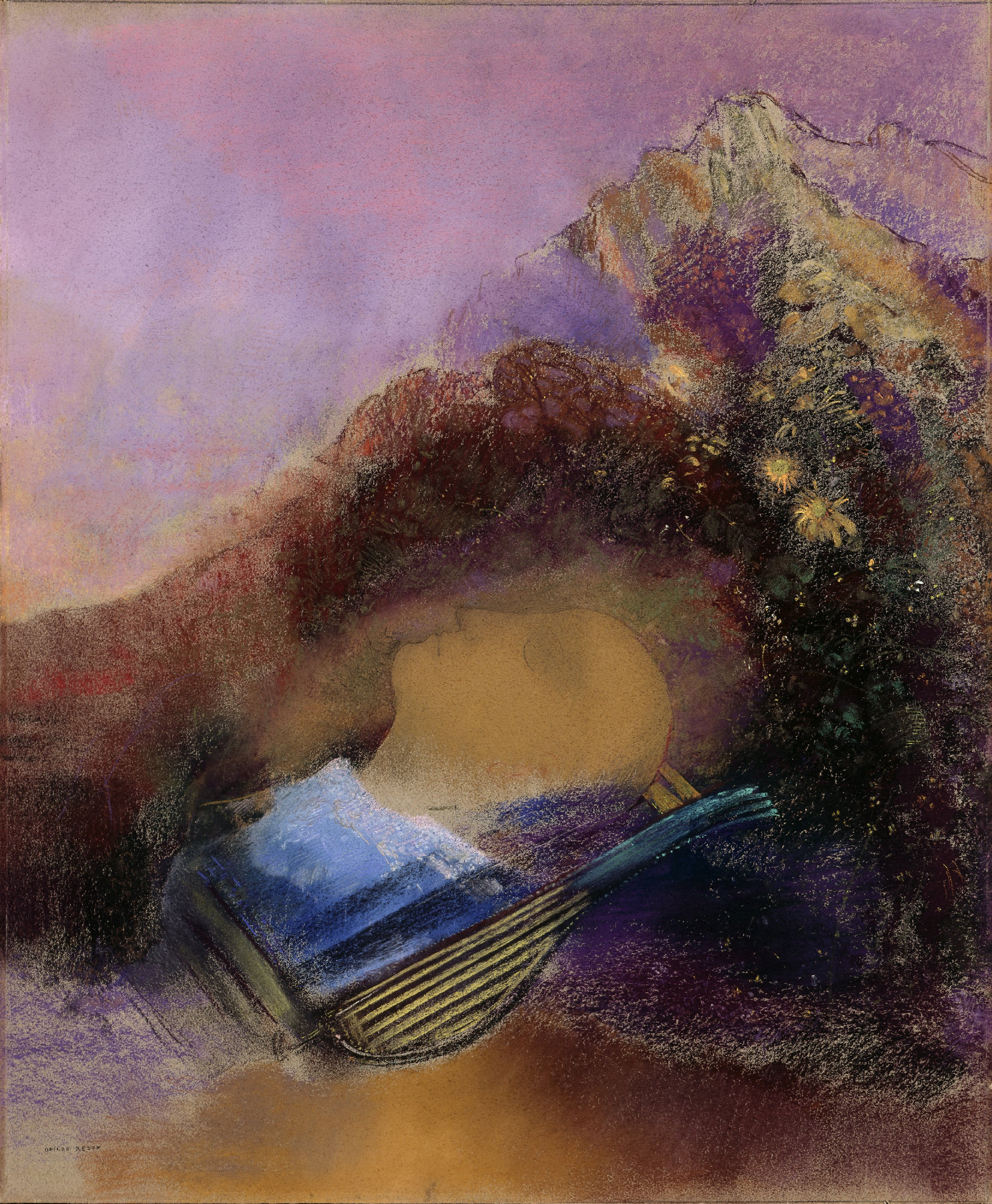 A pastel head of Orpheus resting on a lyre among rocks, drawn in soft blues, greens and violets with the face turned upward and eyes closed.