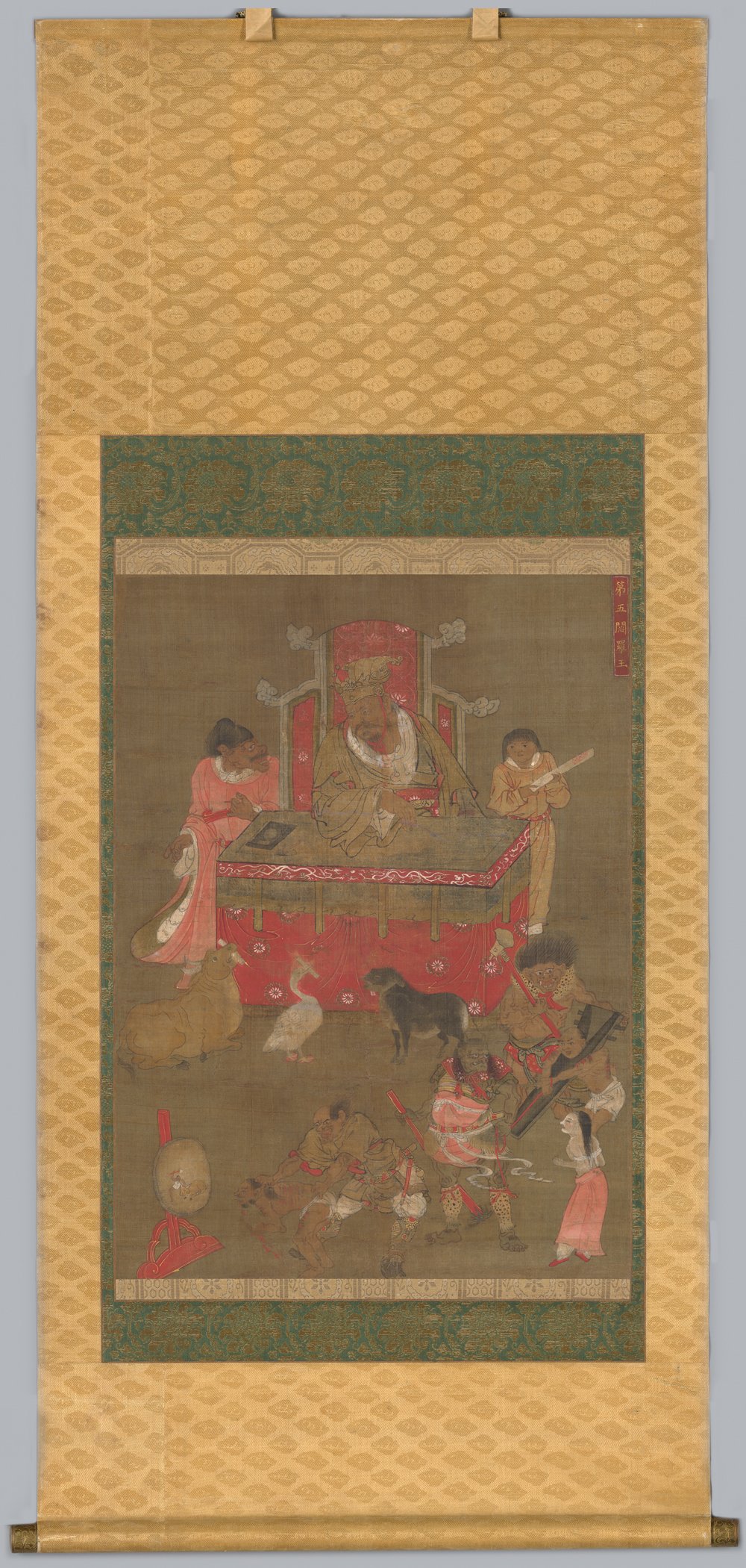 Mounted Korean hanging scroll of the Fifth King of Hell presiding at a red table with attendants
