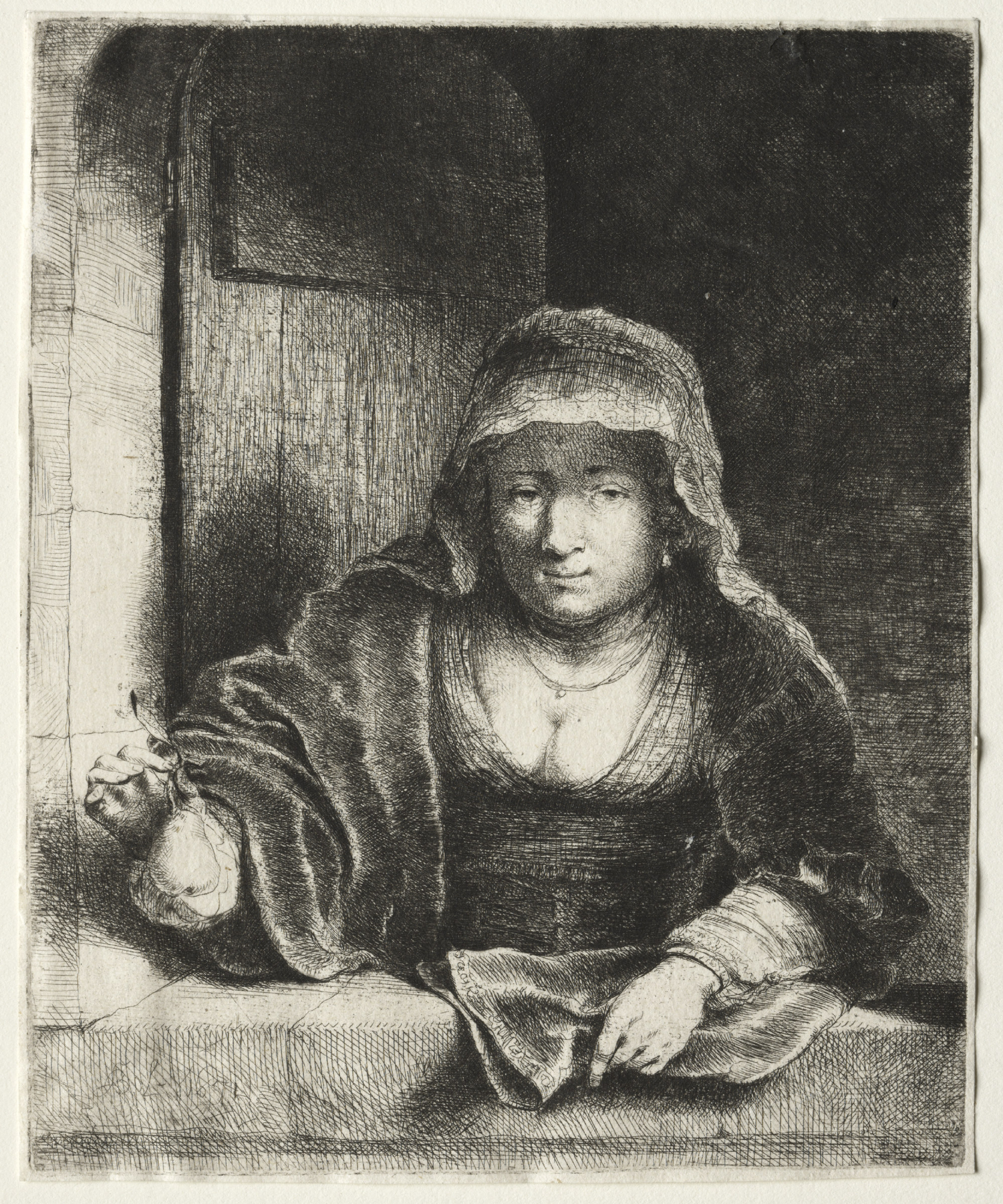 An etching of a woman leaning on the sill of a stone window opening, a pear held in one hand and a cloth draped over the other, worked in dense fine lines.