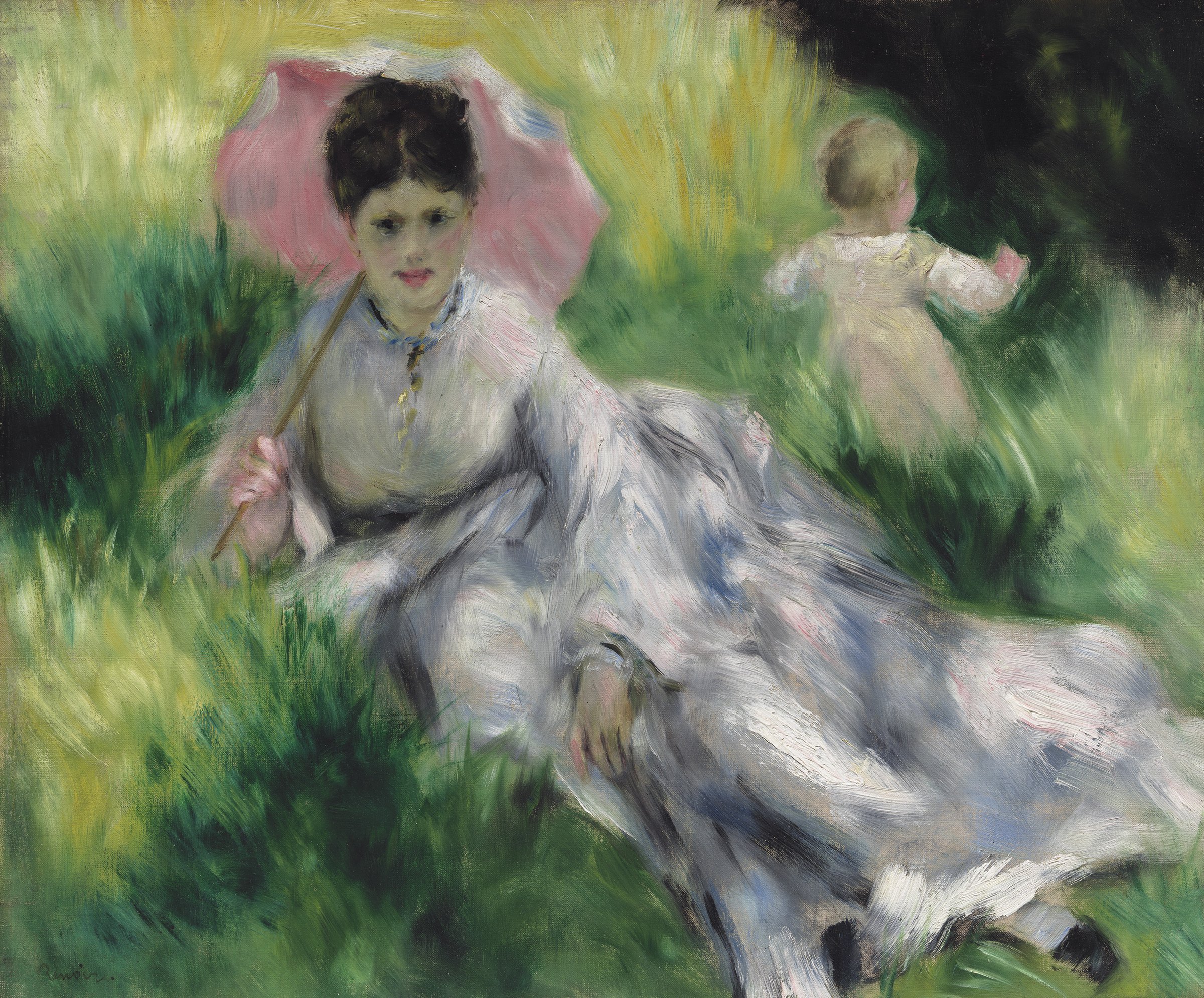 Pierre-Auguste Renoir, Woman with a Parasol and Small Child on a Sunlit Hillside, about 1874–76