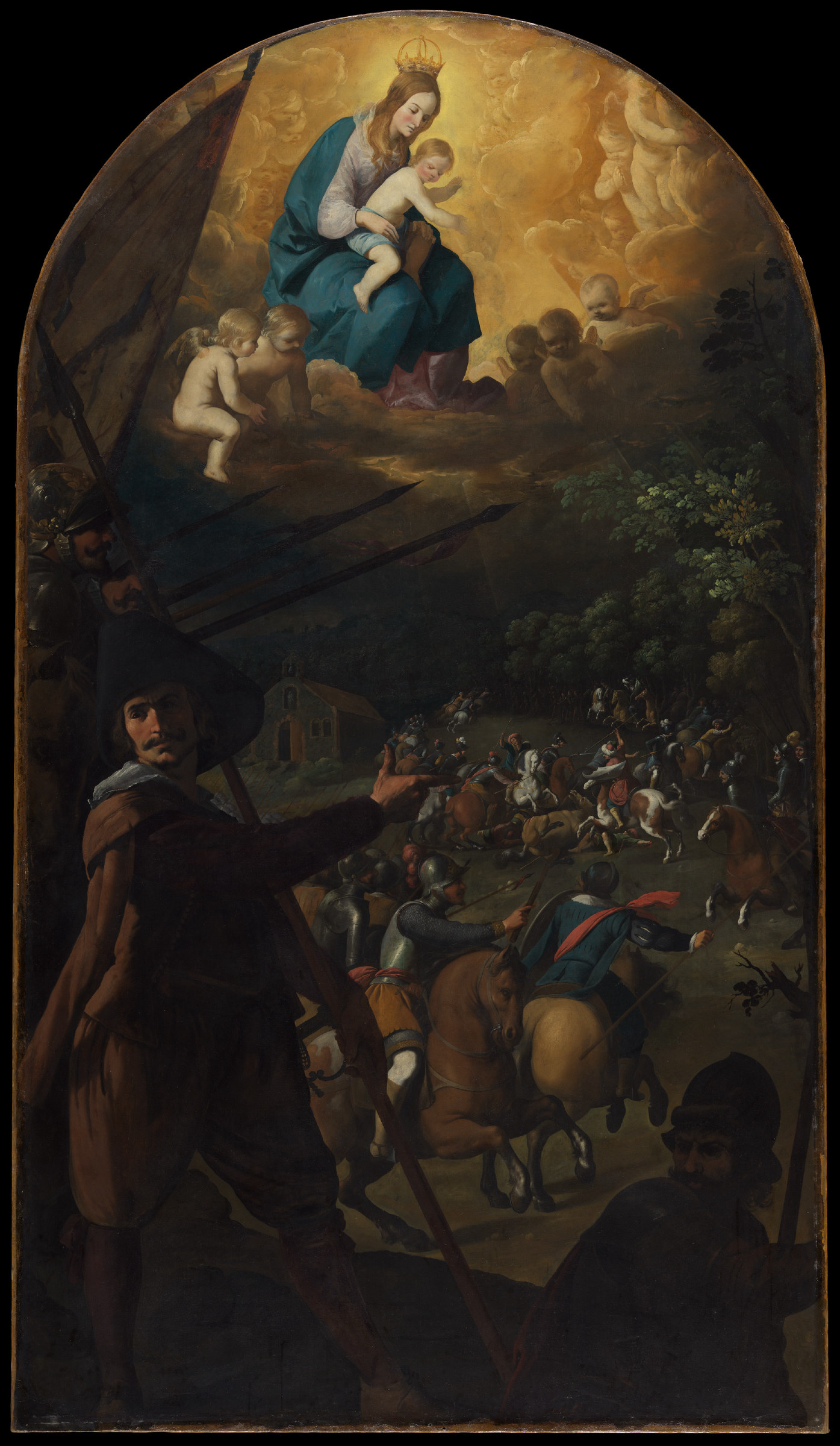 A night battle scene: mounted Christian and Muslim soldiers clash beneath a dark sky, with a glowing apparition of the Virgin and Child above the fray.