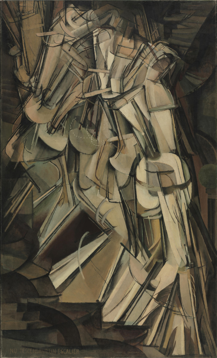 Marcel Duchamp, Nude Descending a Staircase (No. 2): overlapping angular brown and ochre forms suggesting a figure in motion