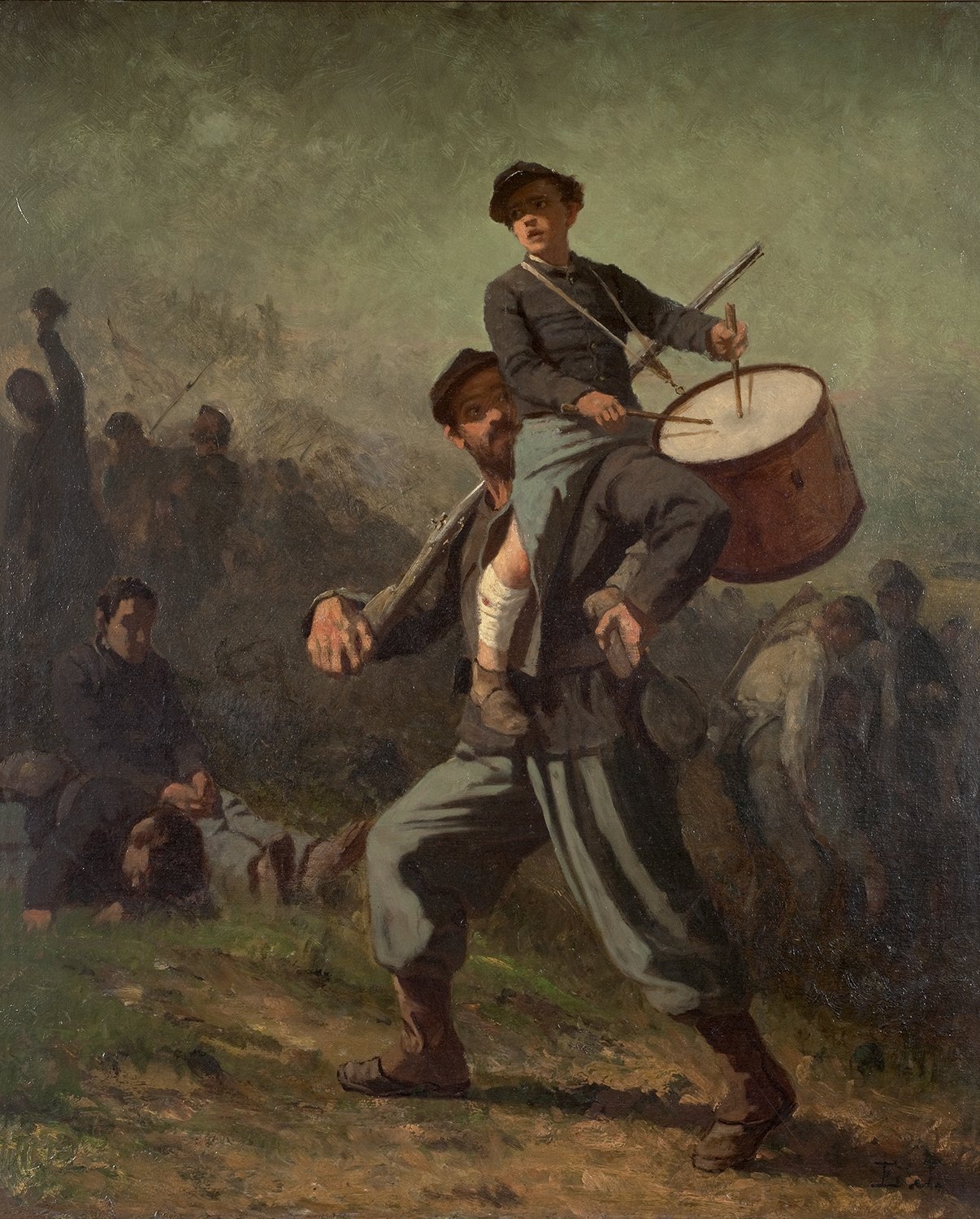 Eastman Johnson, Wounded Drummer Boy: a wounded boy carried on a soldier’s shoulders keeps beating his drum