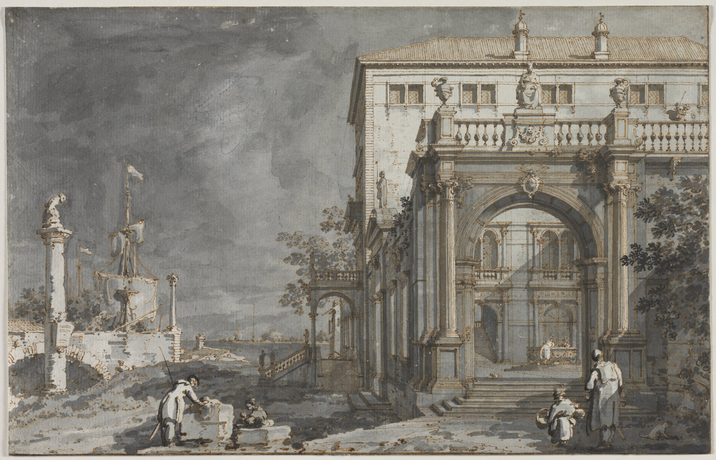 A pen-and-grey-wash architectural fantasy: a grand arcaded palace facade and a ruined classical colonnade set beside water, with a few small figures in the foreground.