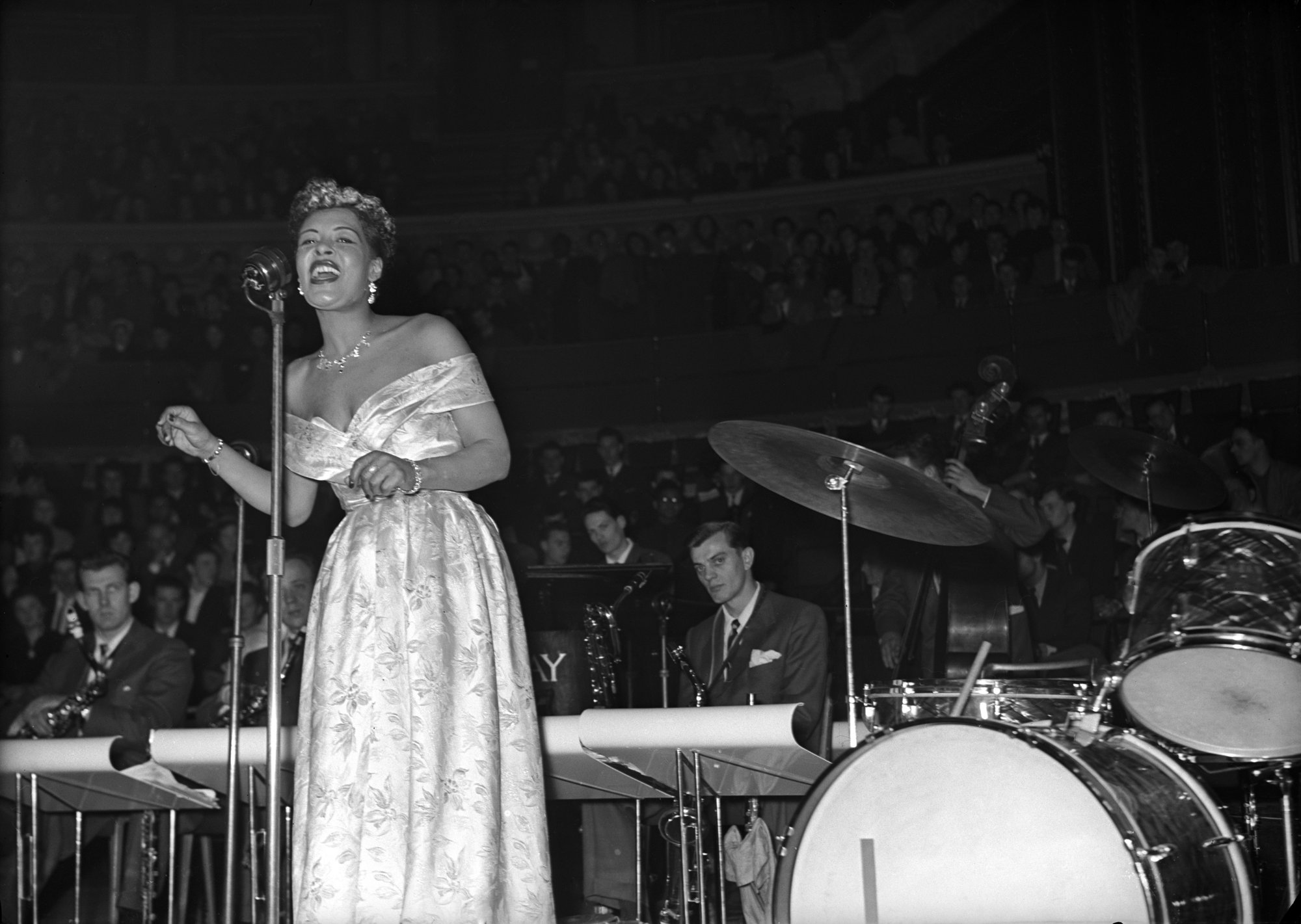 Billie Holiday performing at the Albert Hall, London, 1954, on view in DIVA at the Denver Art Museum